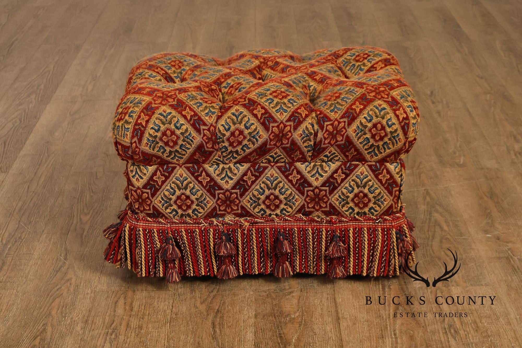 Pair of Tufted Upholstered Tassel Fringe Footstools Ottomans