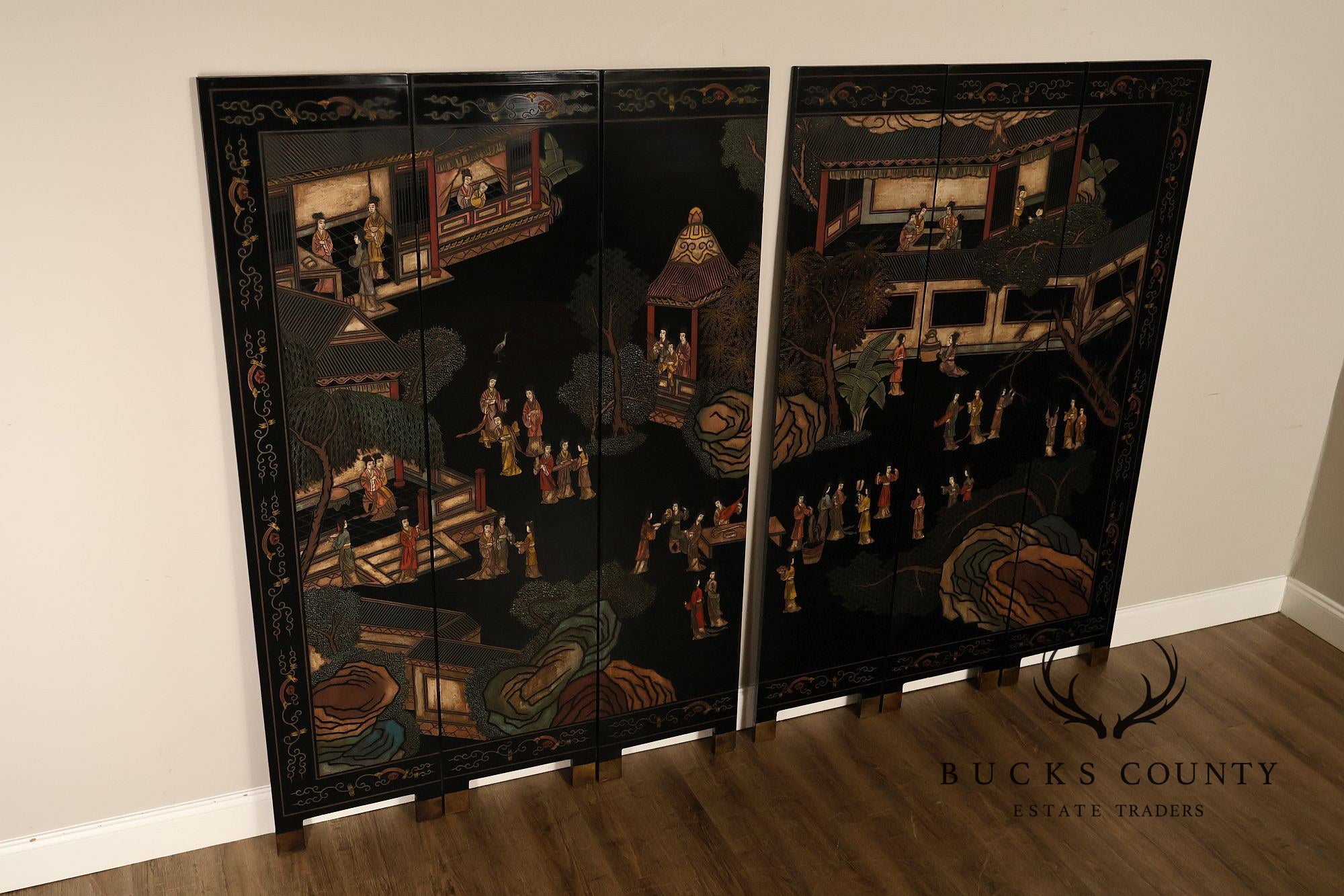 Asian Style Black Vintage Lacquer Six Panel Folding Screen
