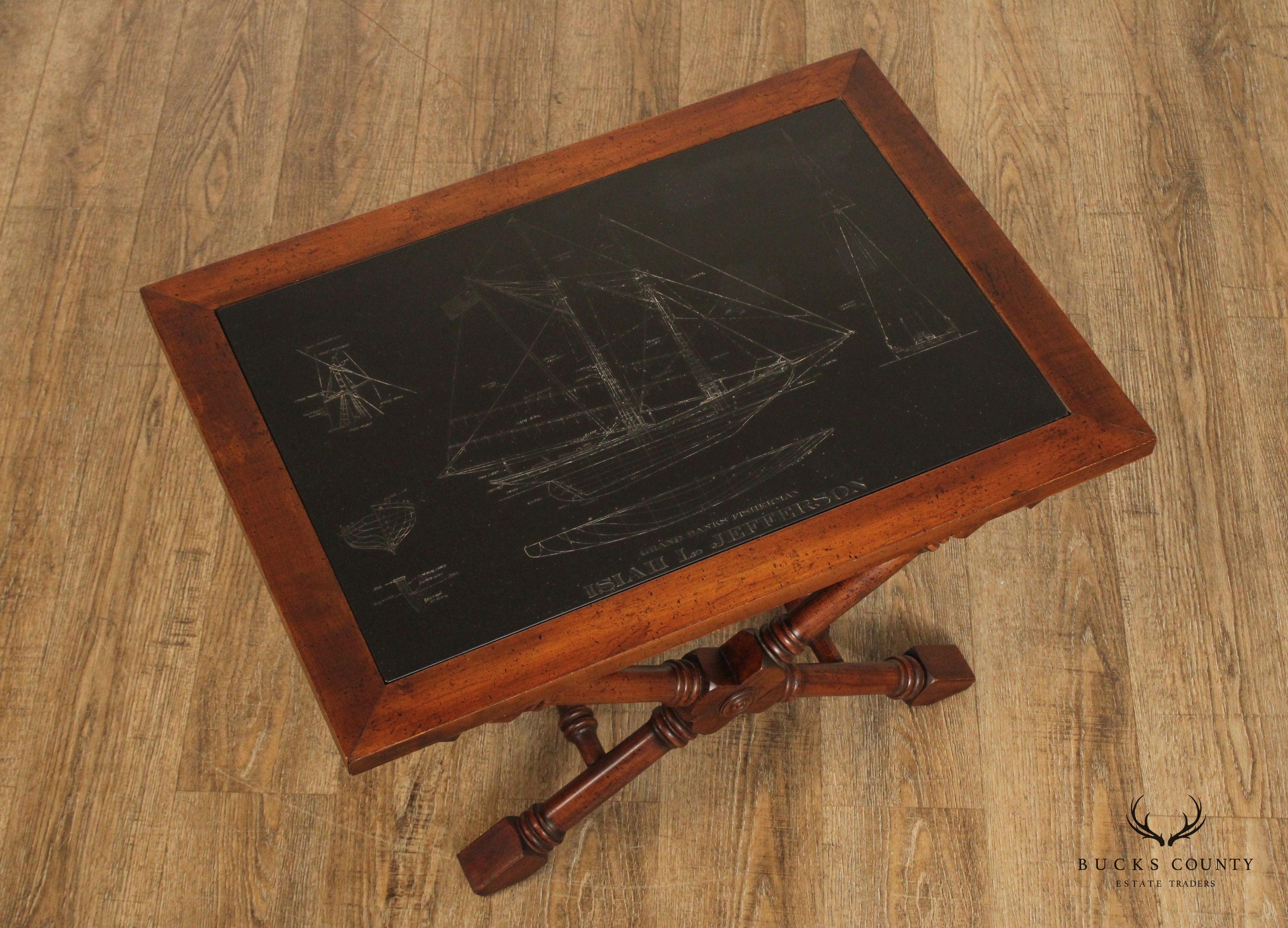 Vintage Nautical Campaign Style Slate and Wood Coffee Table