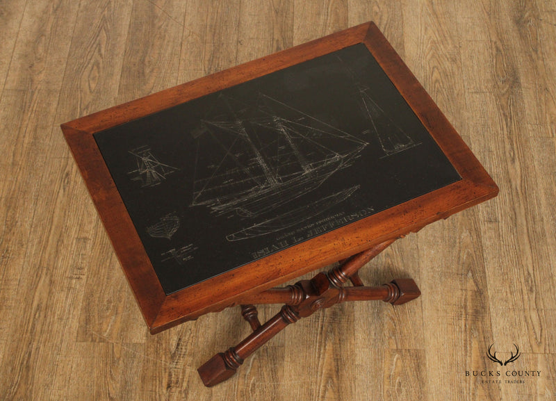 Vintage Nautical Campaign Style Slate and Wood Coffee Table