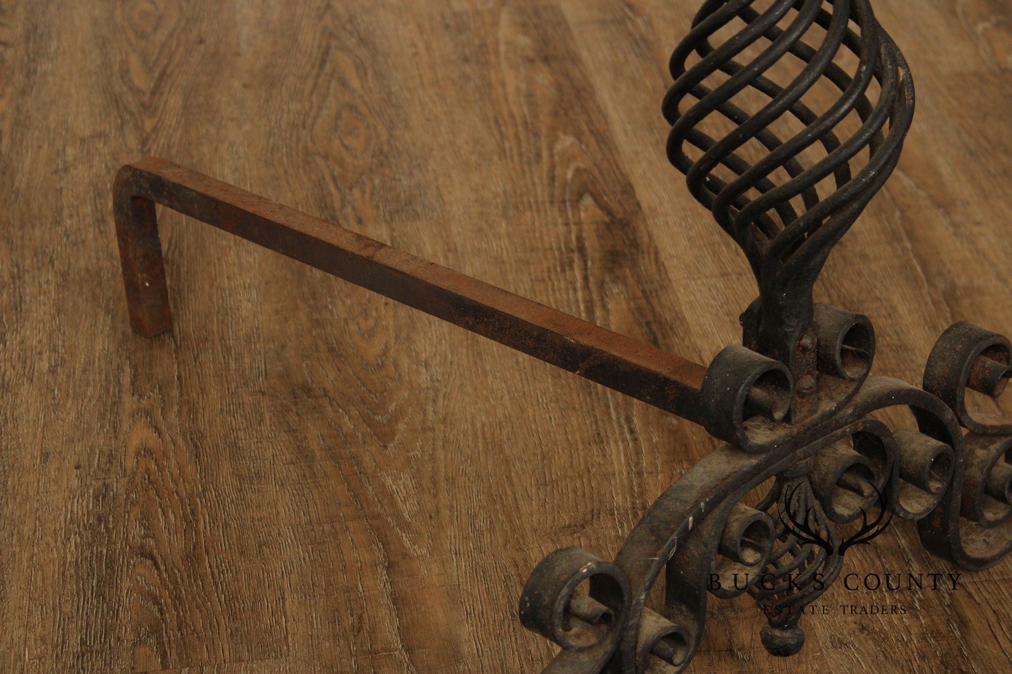 Arts & Crafts Pair of Scrolling Wrought Iron Andirons