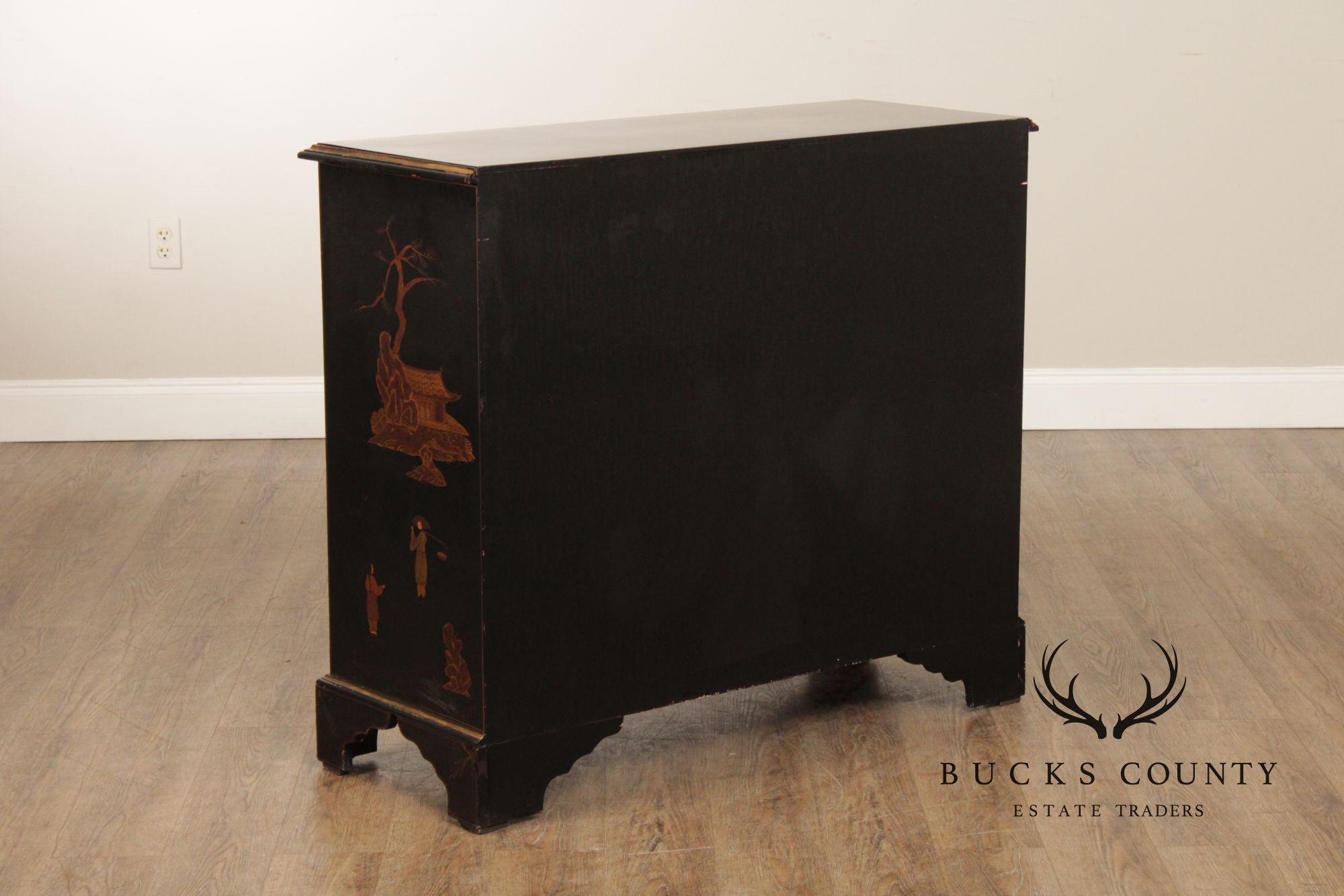 Georgian Furnishing Co. Pair Of Black Lacquer Chinoiserie Cabinets