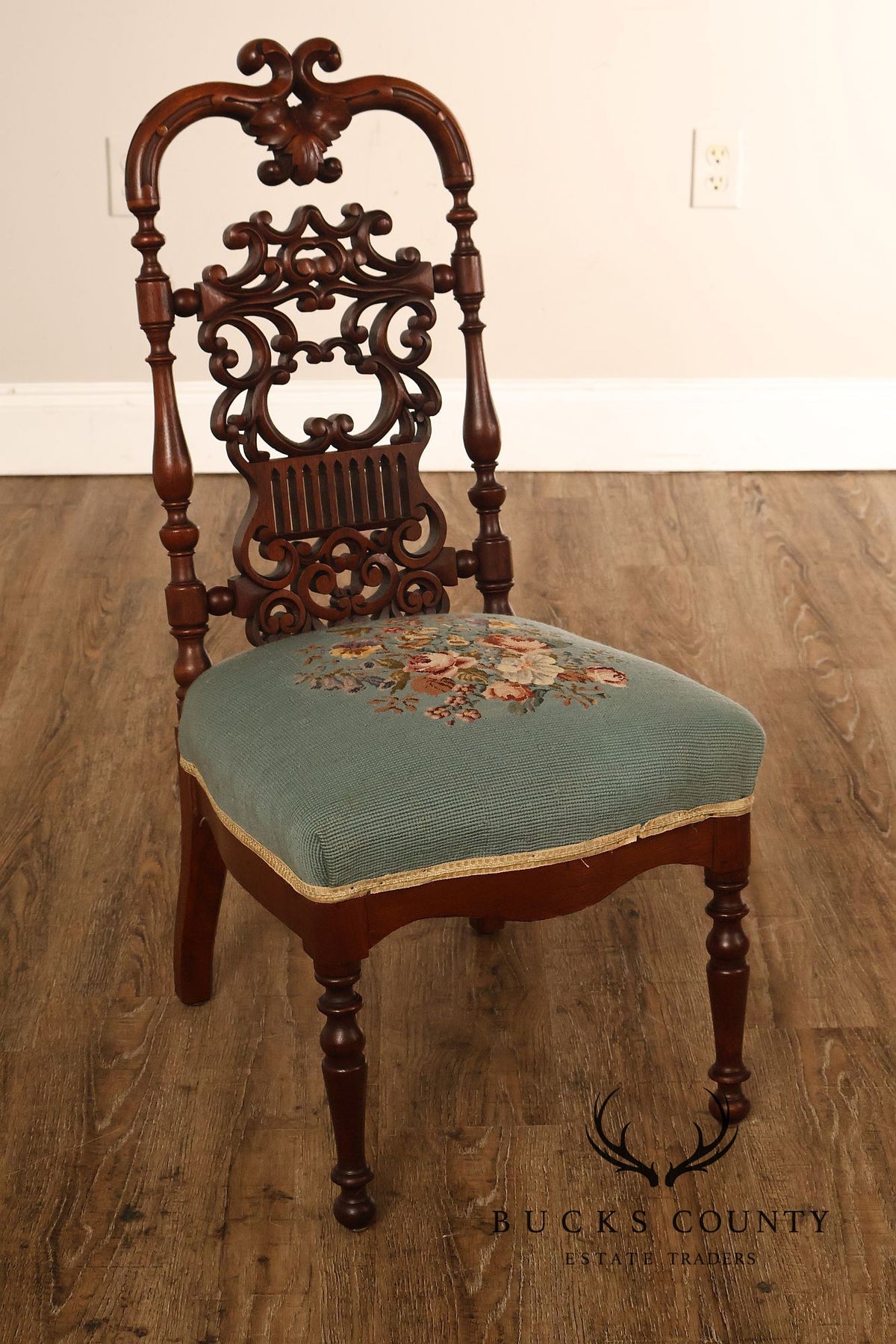 Antique Victorian Carved Mahogany Needlepoint Side Chair