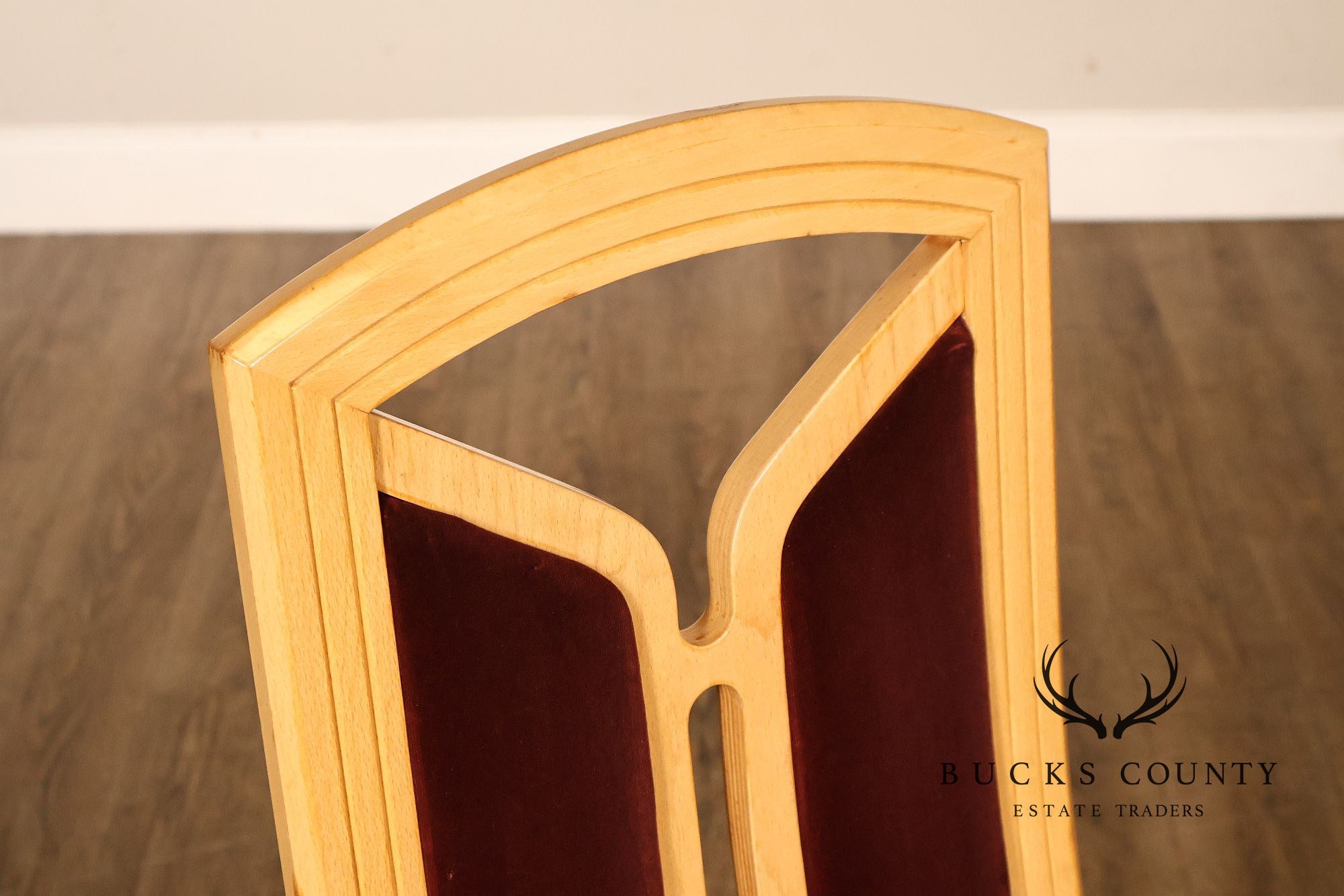Tonon Set Of Eight Italian Light Wood Modern Dining Chairs With Burgundy Upholstery