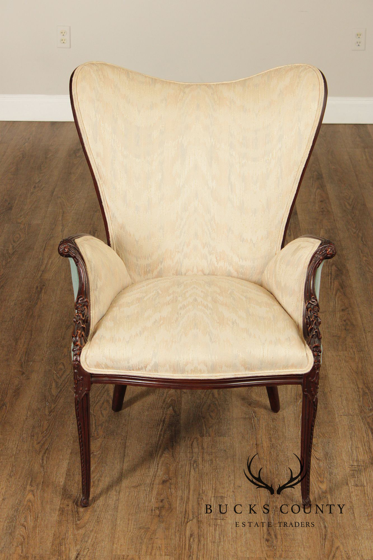 Vintage Mahogany Carved Fireside Armchair With Two-Tone Upholstery