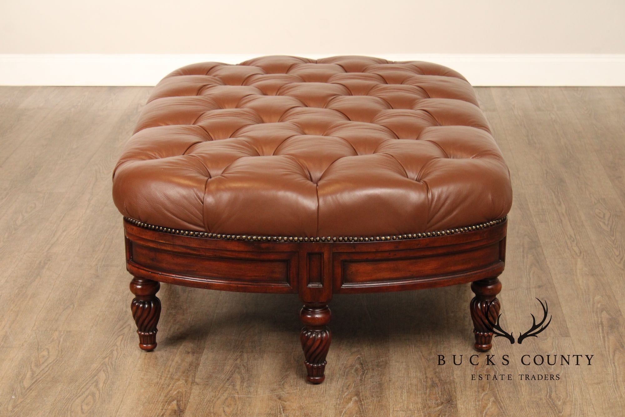 CTH Sherrill Occasional English Regency Style Tufted Leather Ottoman