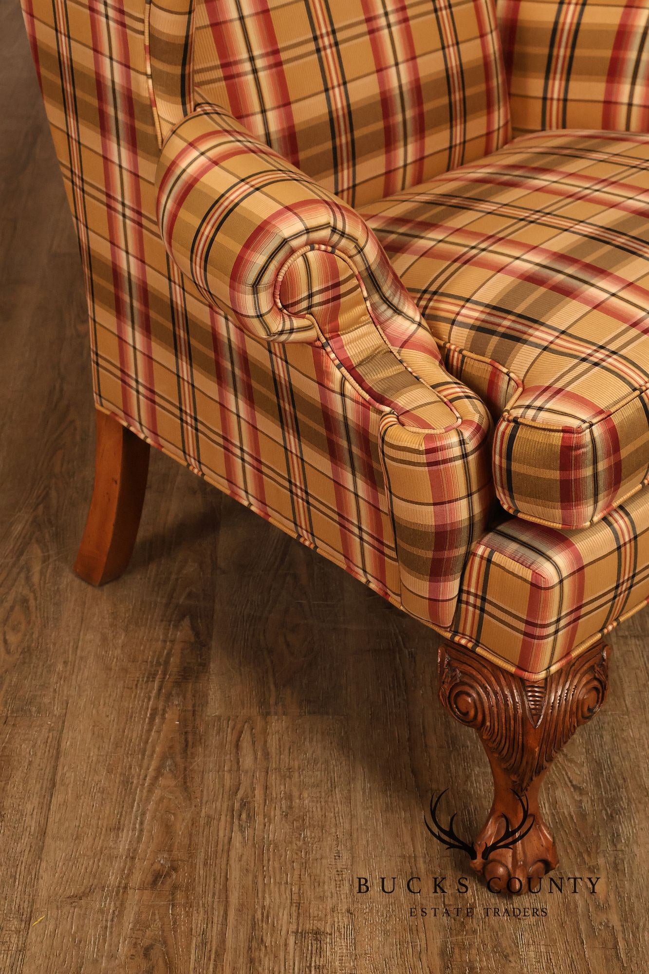 Ethan Allen Chippendale Style Plaid Upholstered Wing Chair