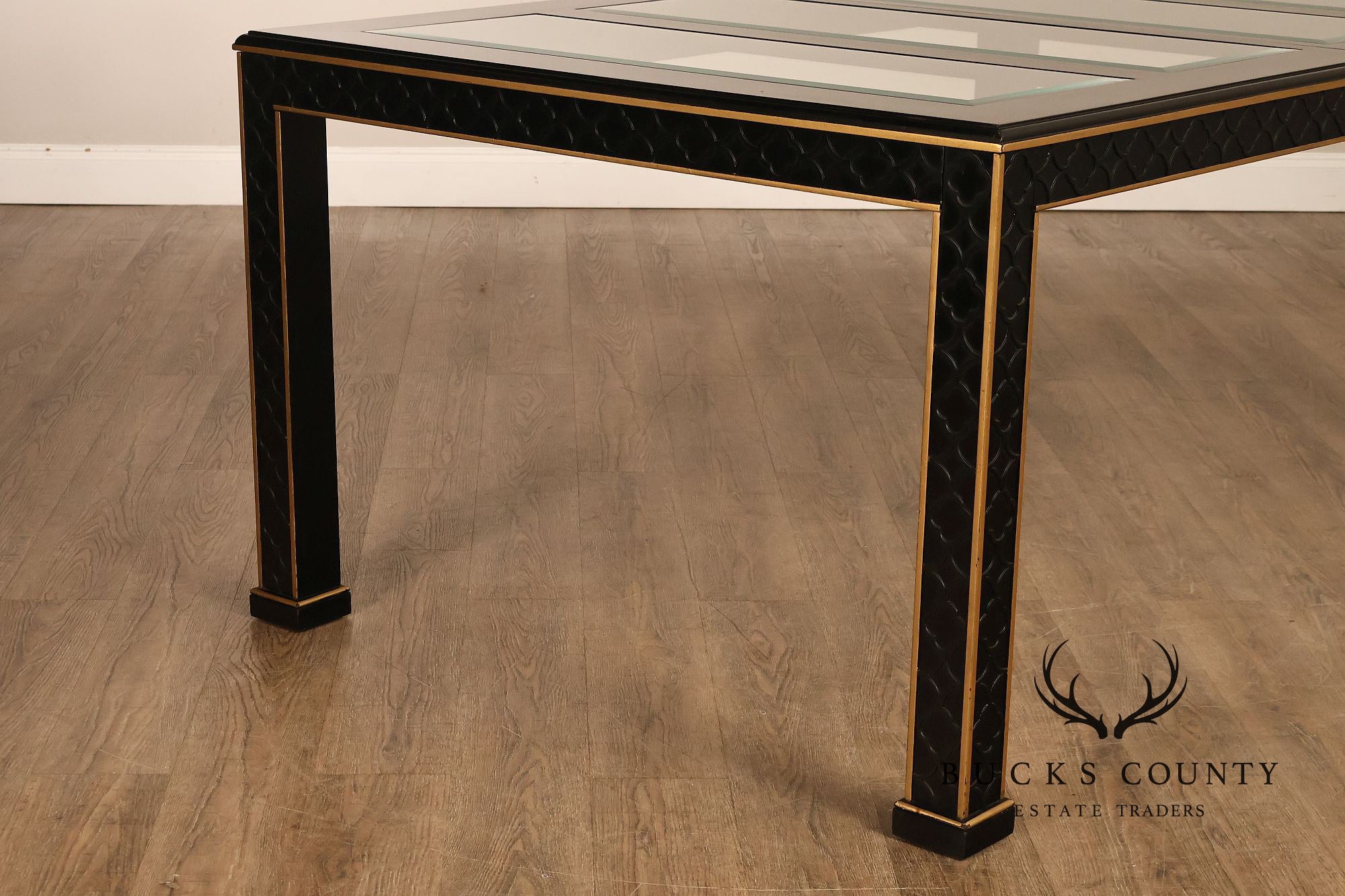 Chinese Chippendale Black Lacquered Dining Table With Two Leaves, Inset Glass