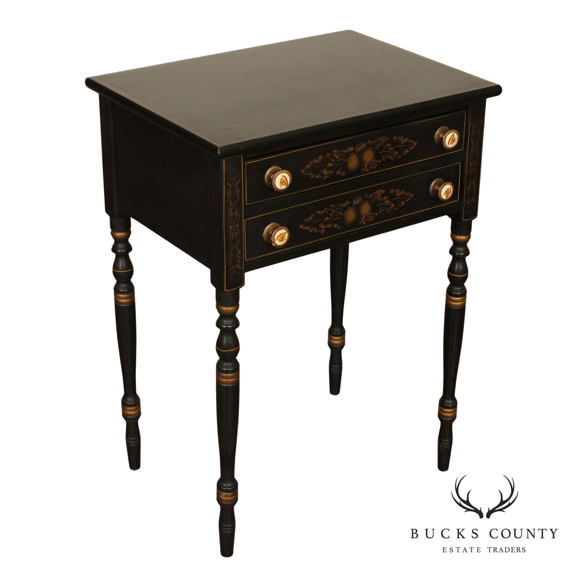 L. Hitchcock Vintage Black and Gilt Painted Two-Drawer Nightstand