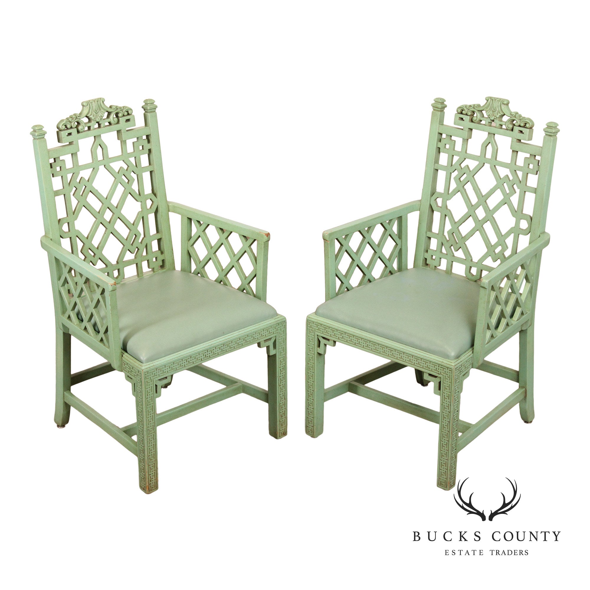 Chinese Chippendale Style Pair Painted  Fretwork Armchairs