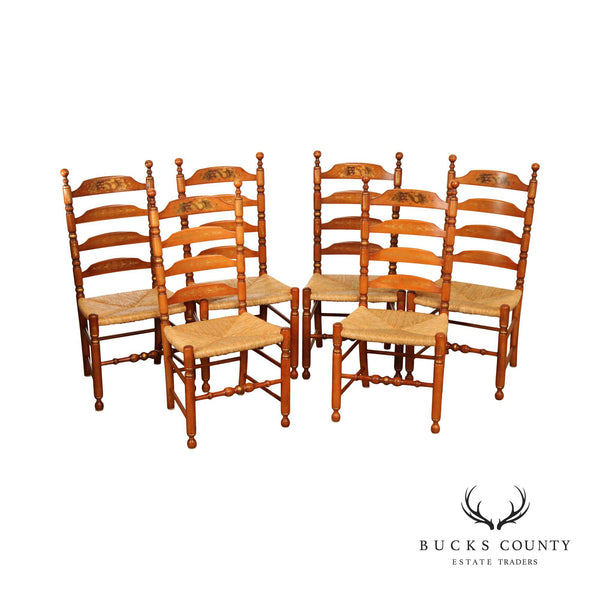 Hitchcock Colonial Style Set Of Six Rush Seat Ladder Back Maple Dining Chairs