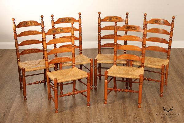 Hitchcock Colonial Style Set Of Six Rush Seat Ladder Back Maple Dining Chairs