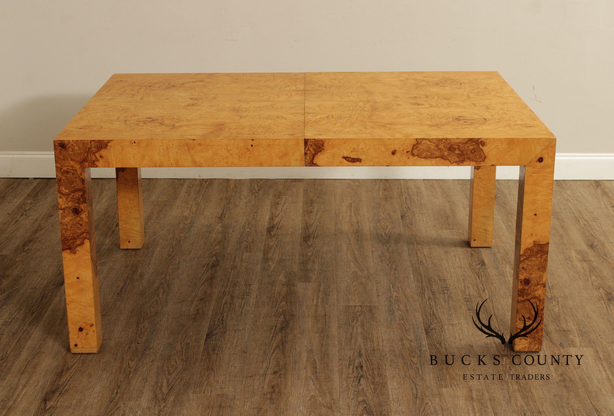 Mid-Century Modern Burlwood Parsons Extension Dining Table with 2 Leaves