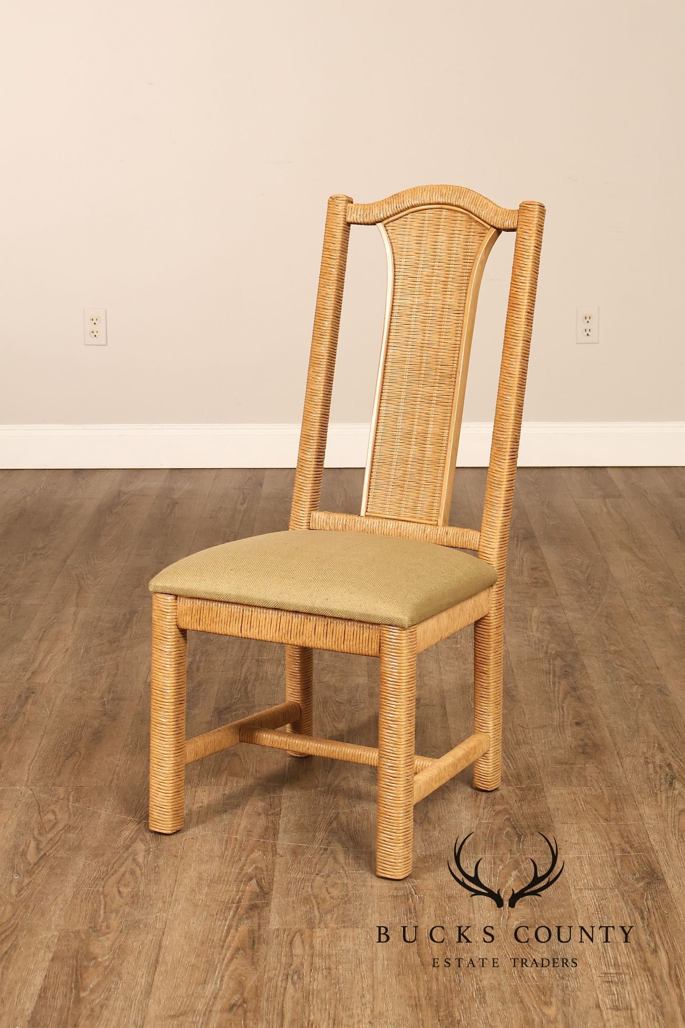 Vintage Wicker Set Of Six Dining Chairs With Upholstered Seats
