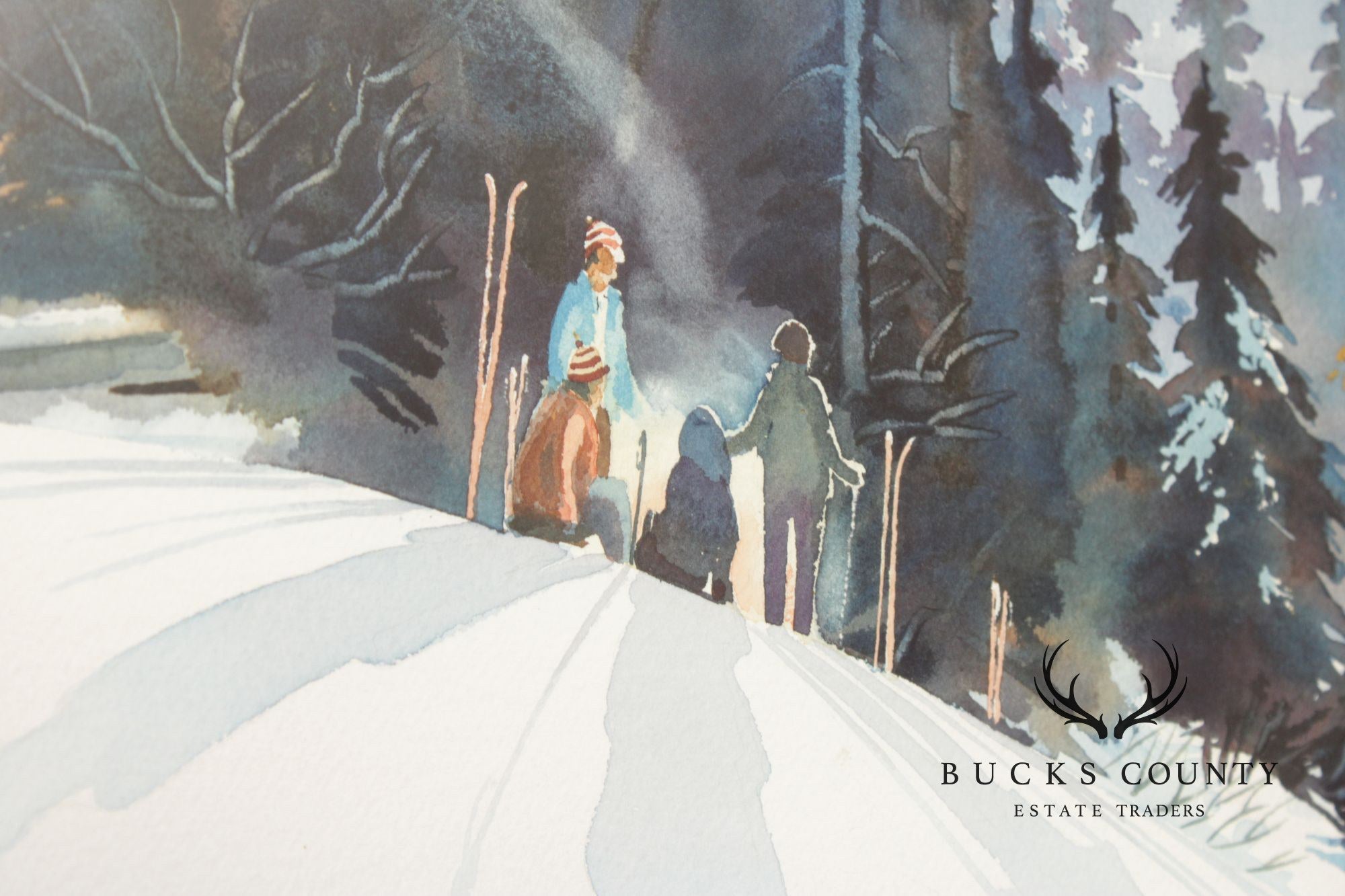 John Svenson Watercolor Painting, Ski Party