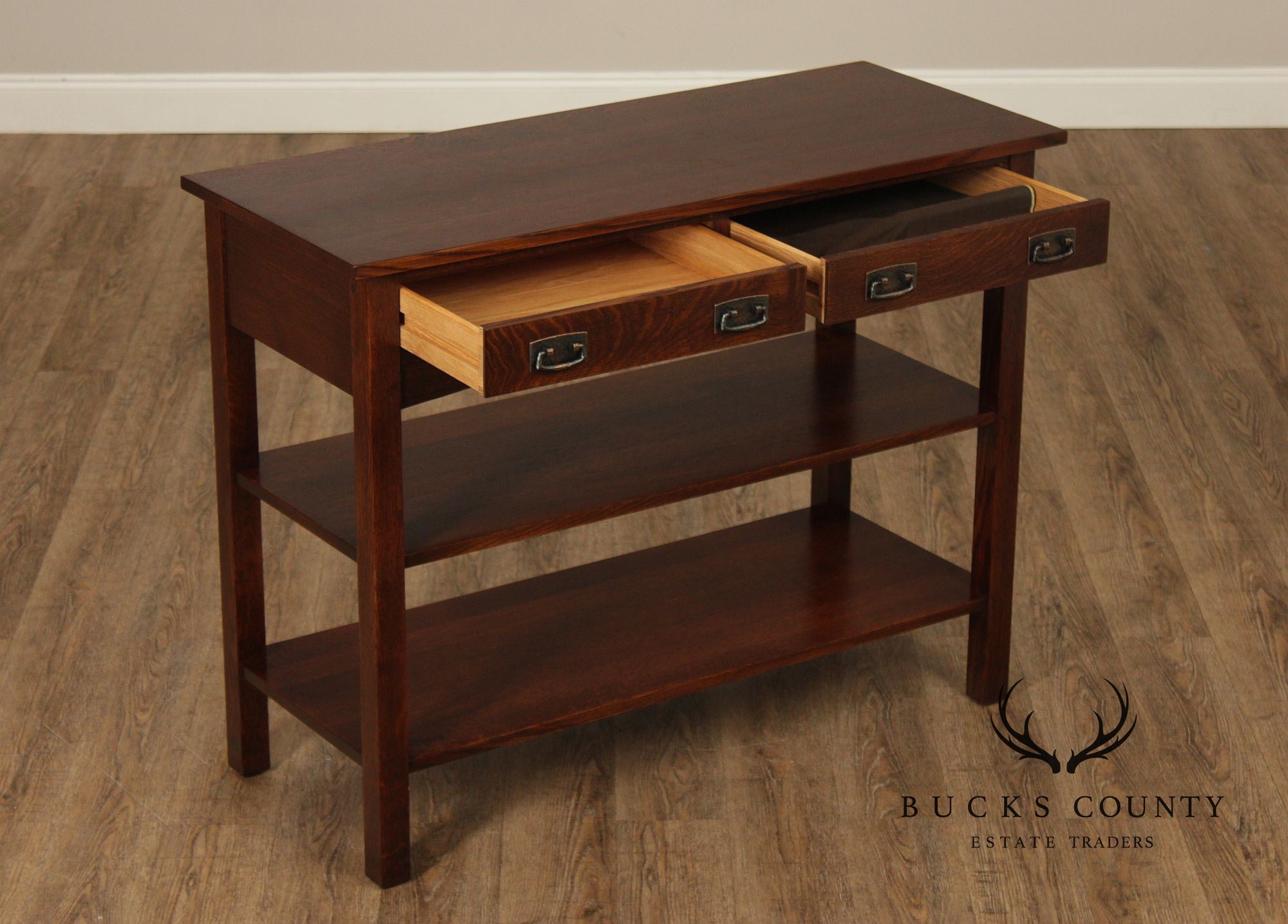 Stickley Mission Collection Oak Two Drawer Console Table With Shelves