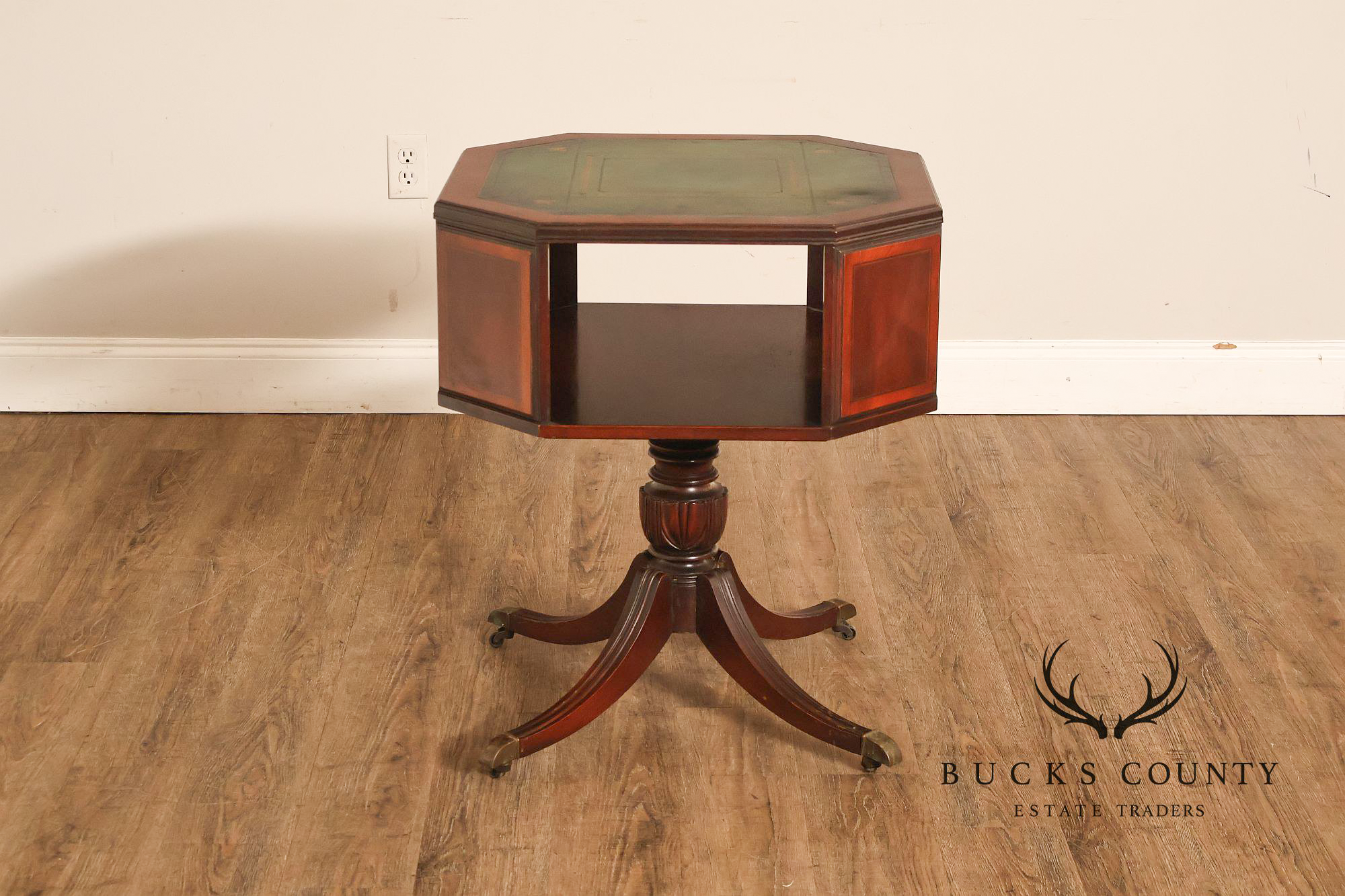 1940's Vintage Pair of Regency Style Mahogany Green Leather Top Pedestal Side Tables