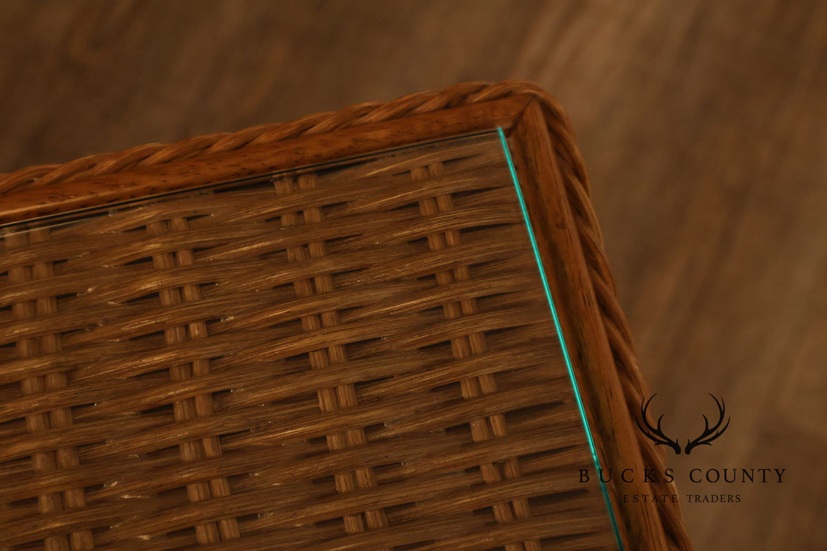 Coastal Style Pair Of Wicker And Cane Two Drawer Nightstands With Glass Tops