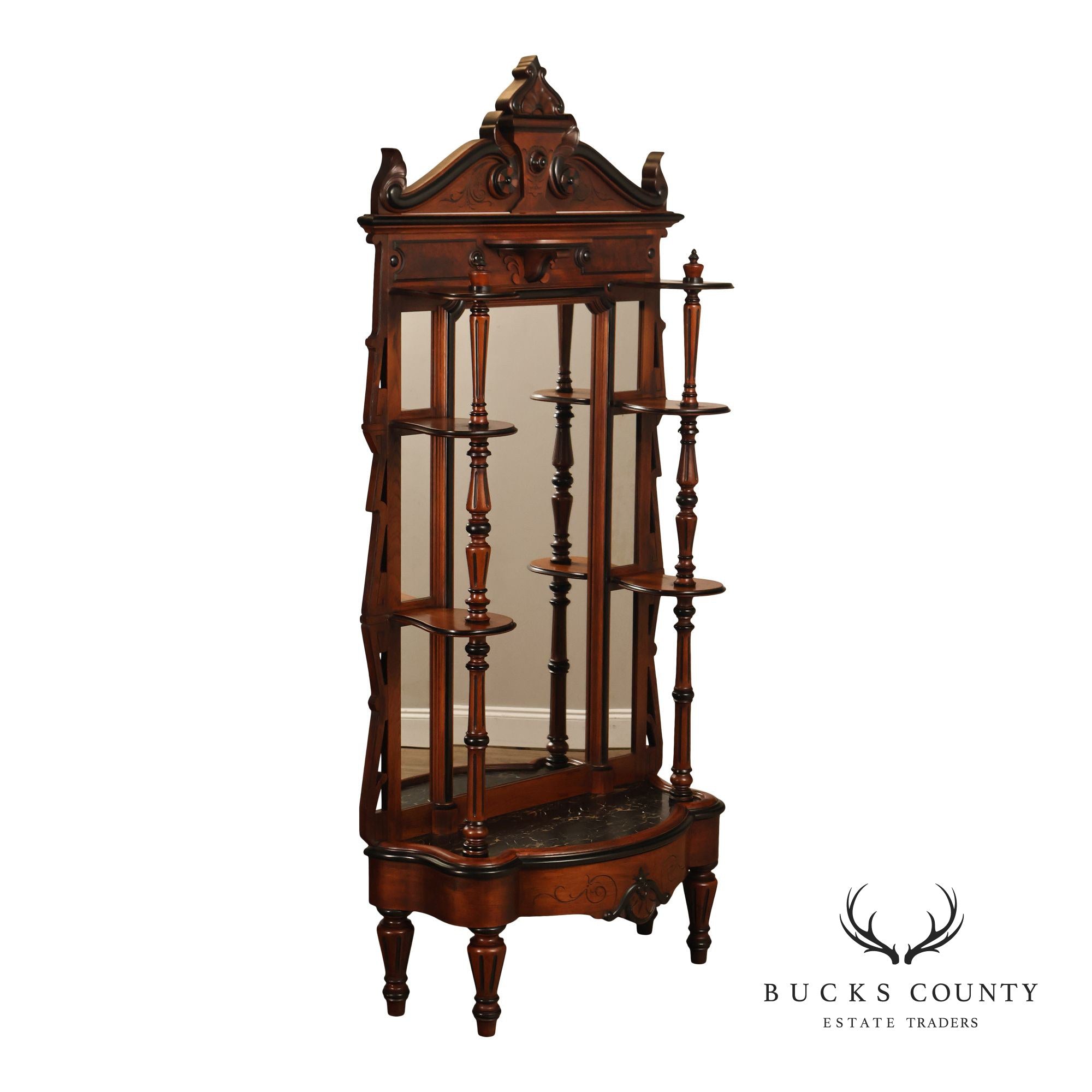 Antique American Renaissance Revival Walnut Mirrored Etagere Hall Tree