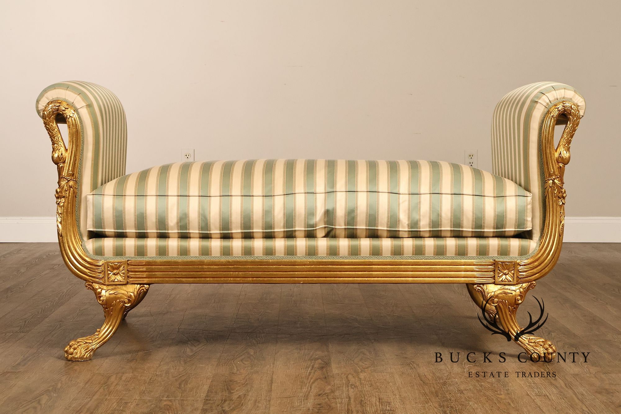 Quality Empire Style Swan Carved Giltwood Upholstered Bench