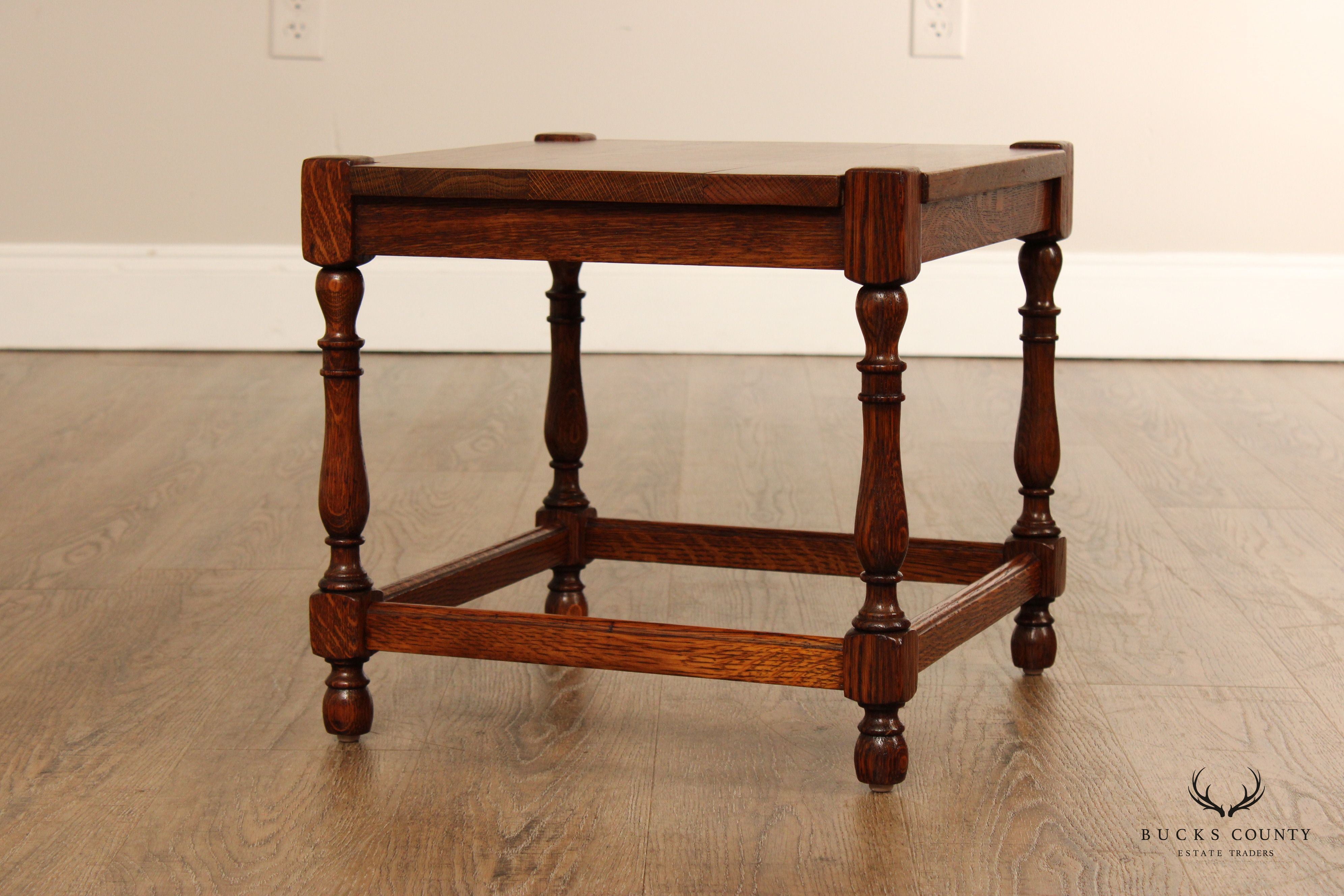 William & Mary Style Oak Square Top Taboret Side Table