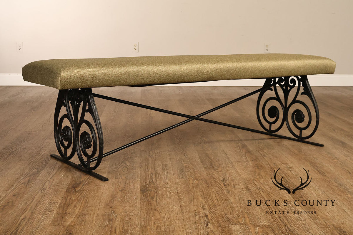 Vintage Wrought Iron Scrollwork Upholstered Bench