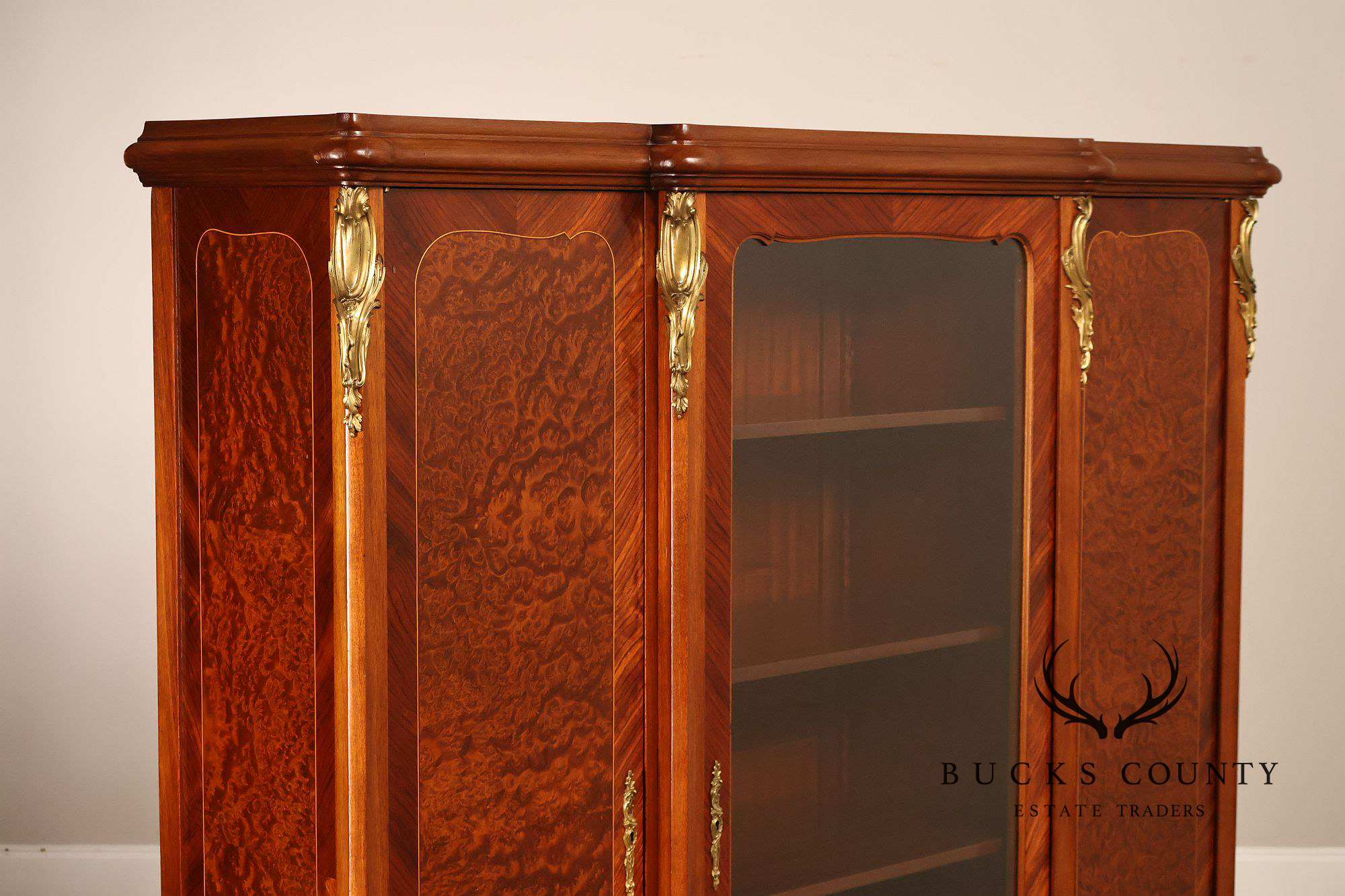 French Louis XV Style Burl Wood Three Door Bookcase Display Cabinet