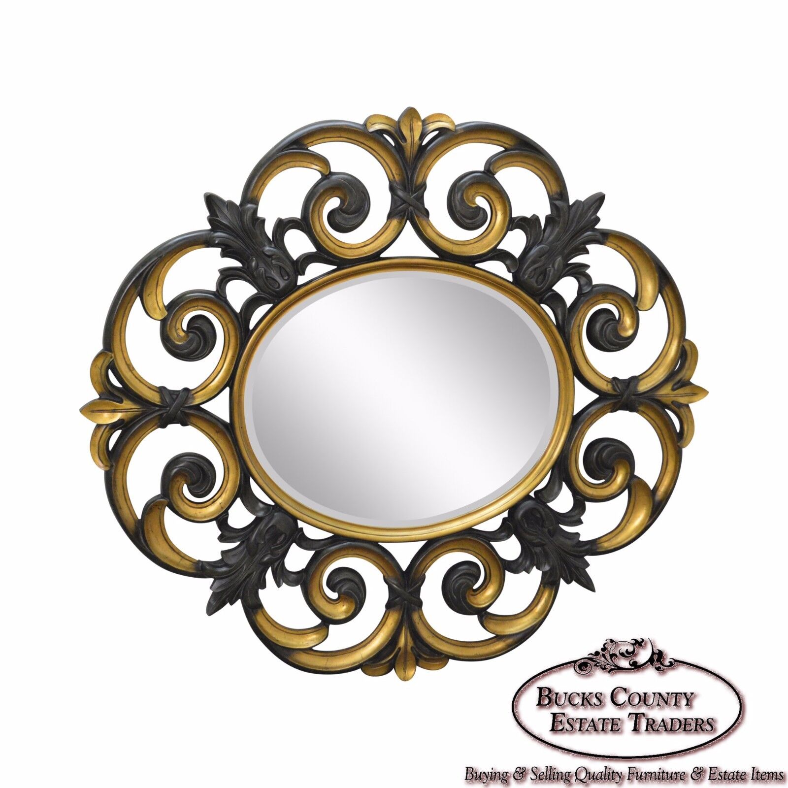 Large Baroque Style Partial Gilt Beveled Wall Mirror