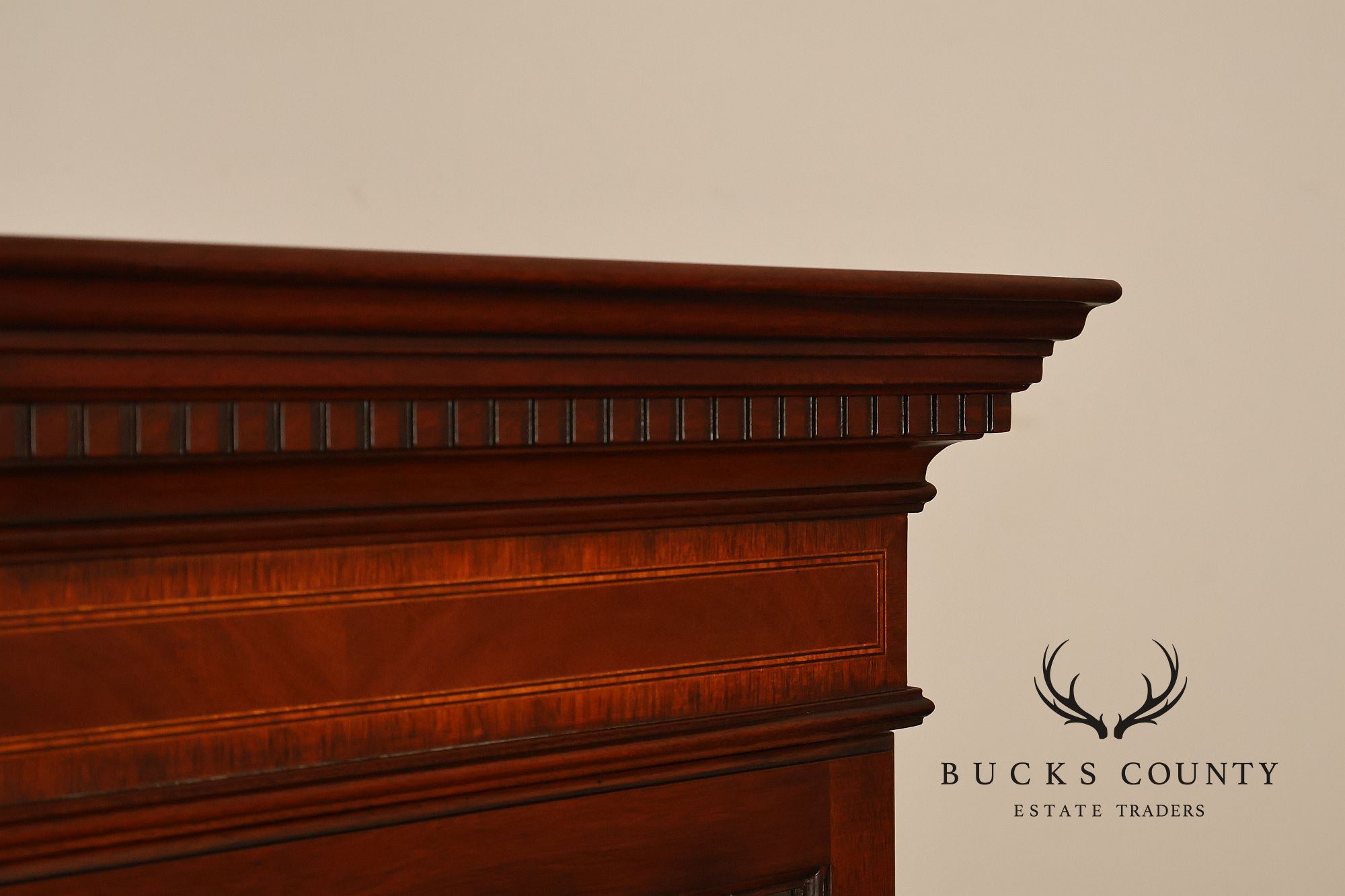 Karges English Style Mahogany Breakfront China Cabinet Display Bookcase with Carved Pediment and Silk Backing