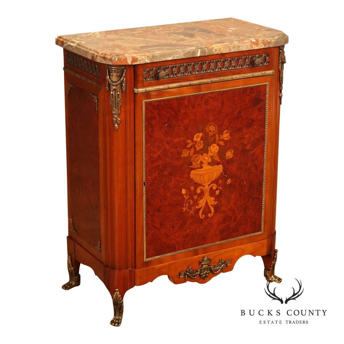Louis XVI Style Marble Top Marquetry And Bronze Mounted Cabinet