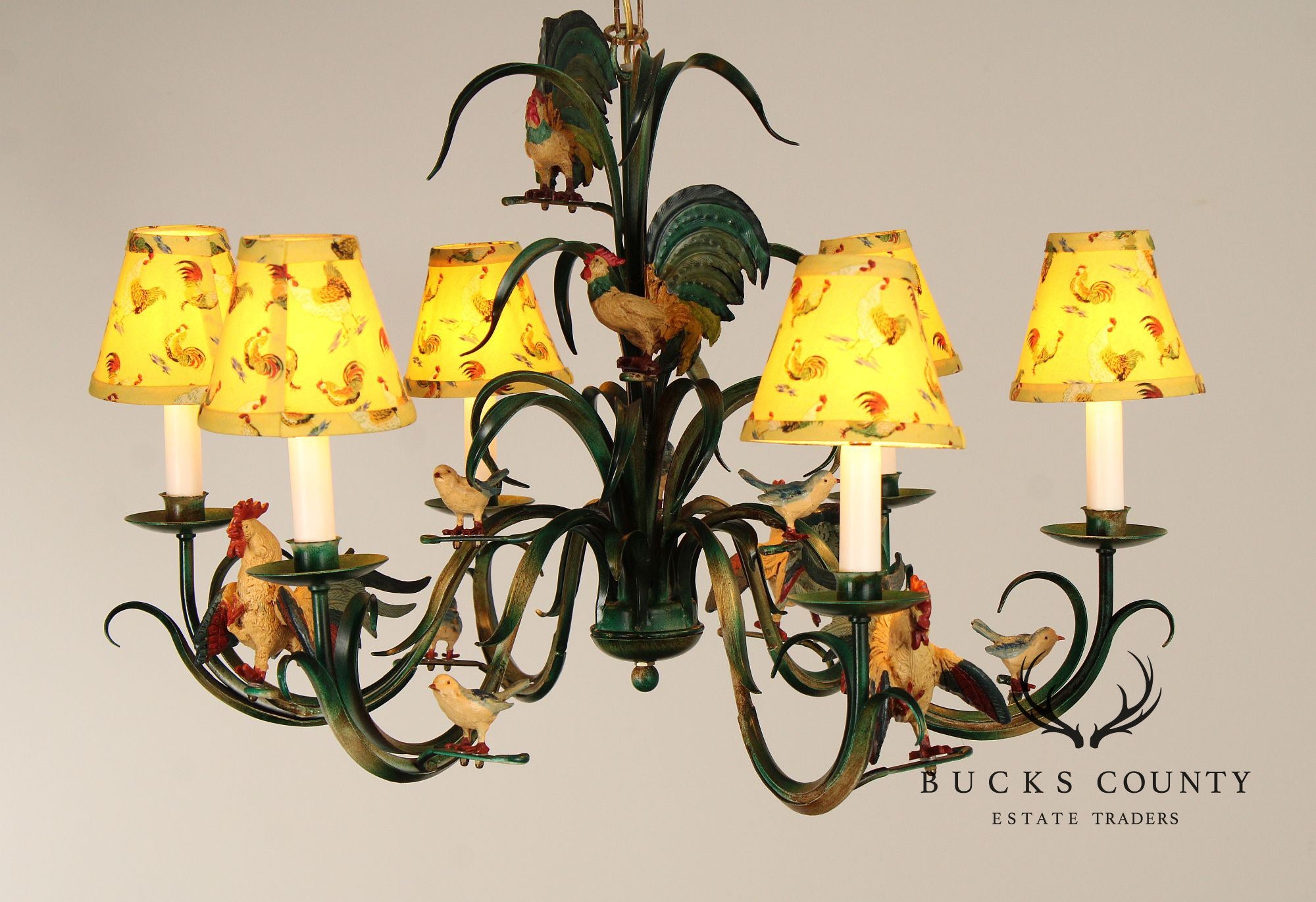 Farmhouse Style Painted Tole Rooster Chandelier