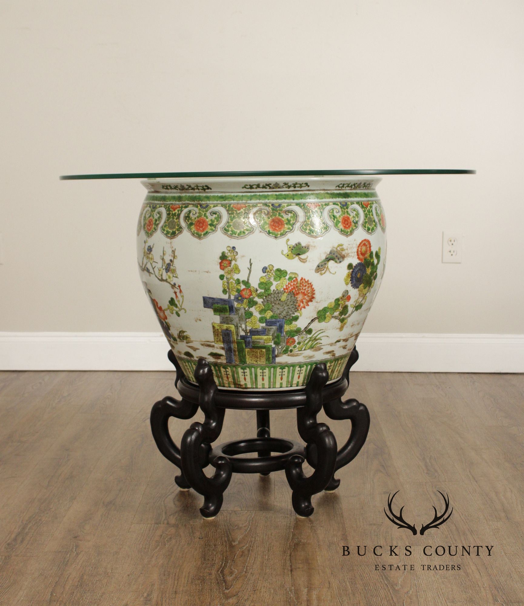 Chinese Glass Top Enameled Porcelain Fishbowl Planter on Stand