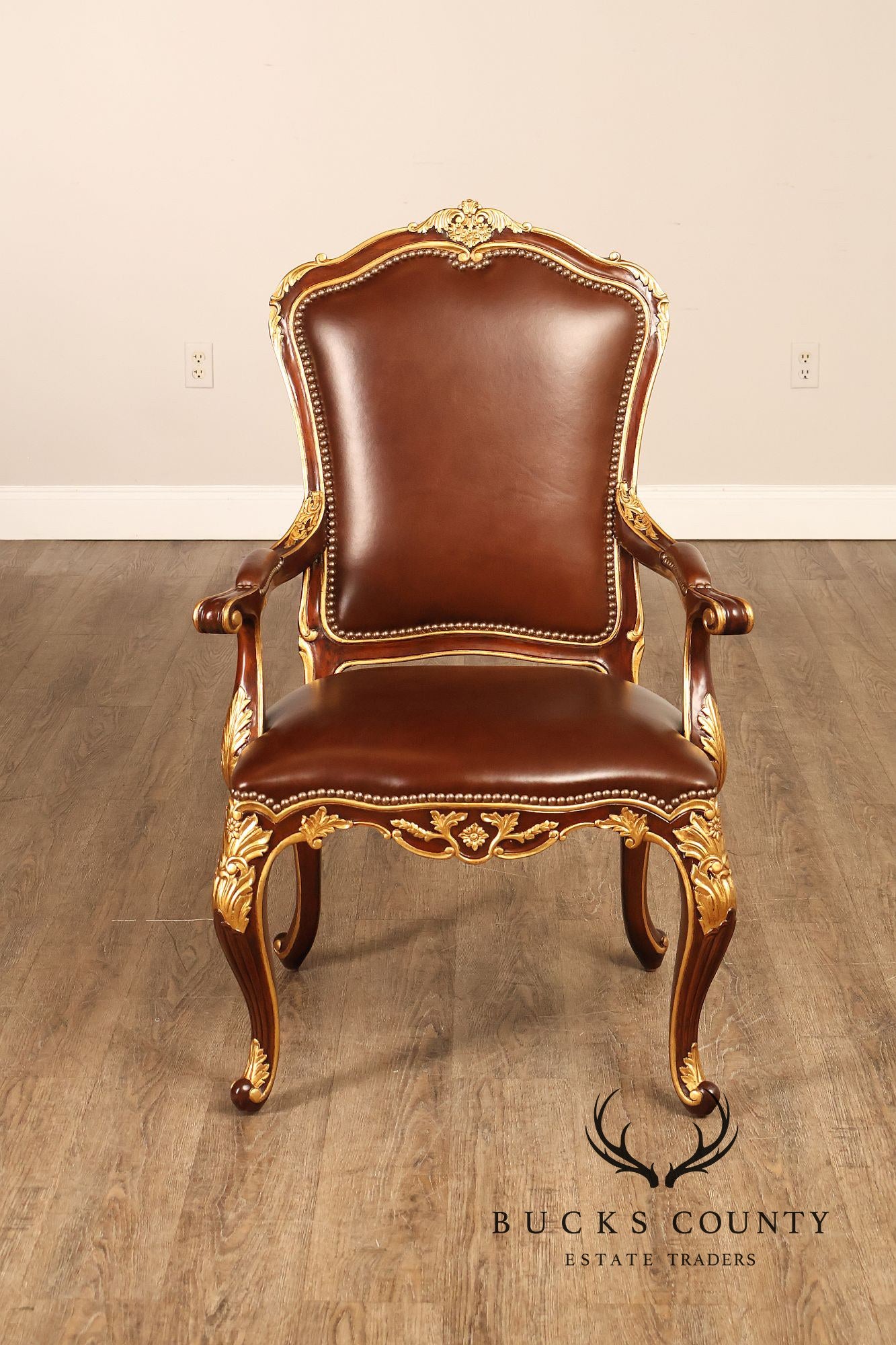 Scarborough House Pair Of French Rococo Style Gilt Mahogany Leather Upholstered Armchairs