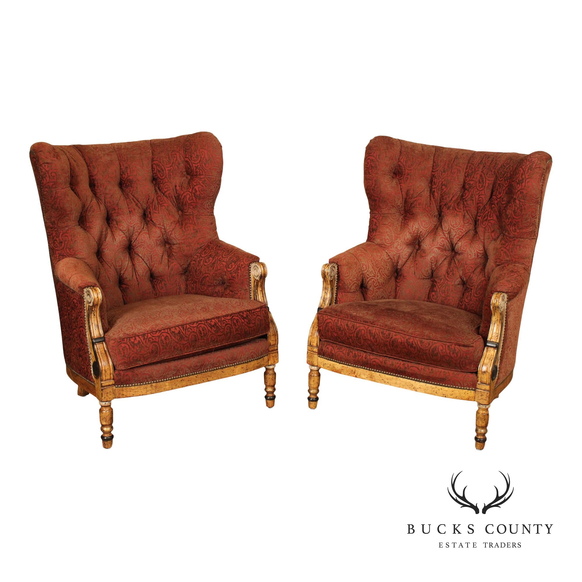 Paul Robert Pair of Tufted Wing Chairs