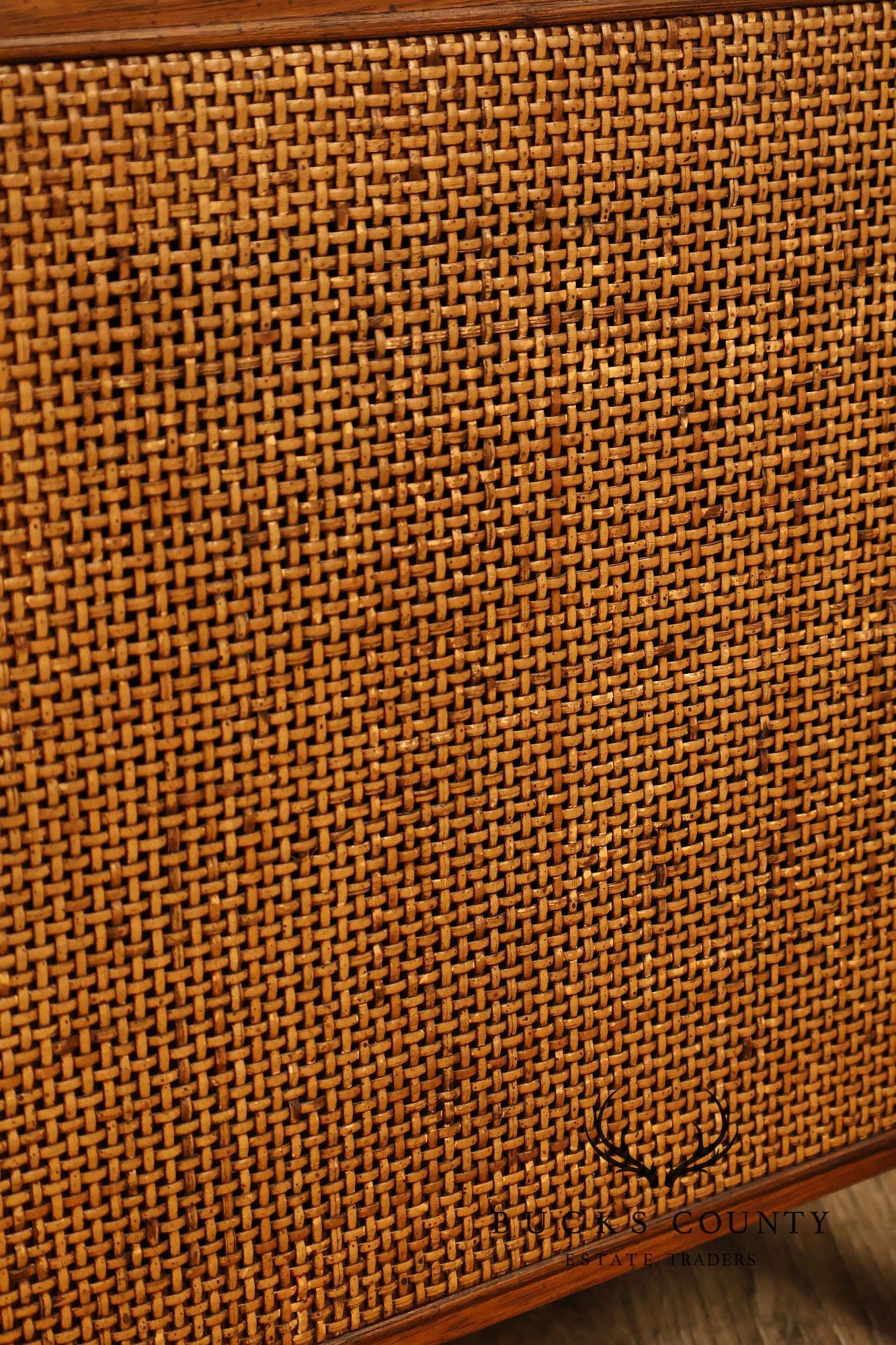 Mid-Century Modern Glass Top Walnut and Cane Side Cabinet