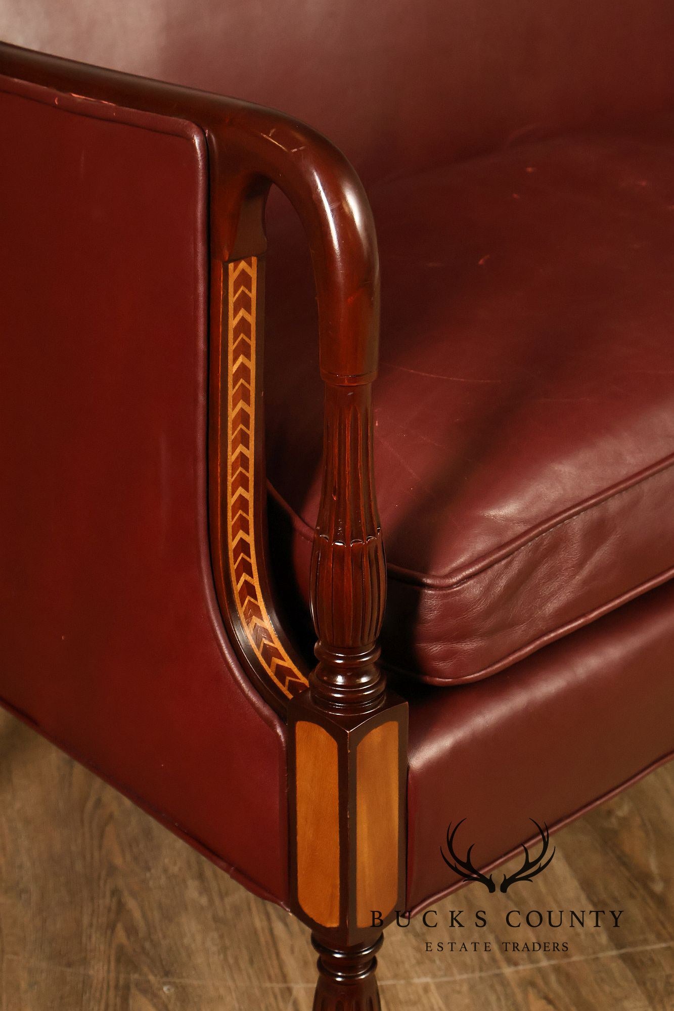 Hancock & Moore Sheraton Style Inlaid Mahogany Leather Settee