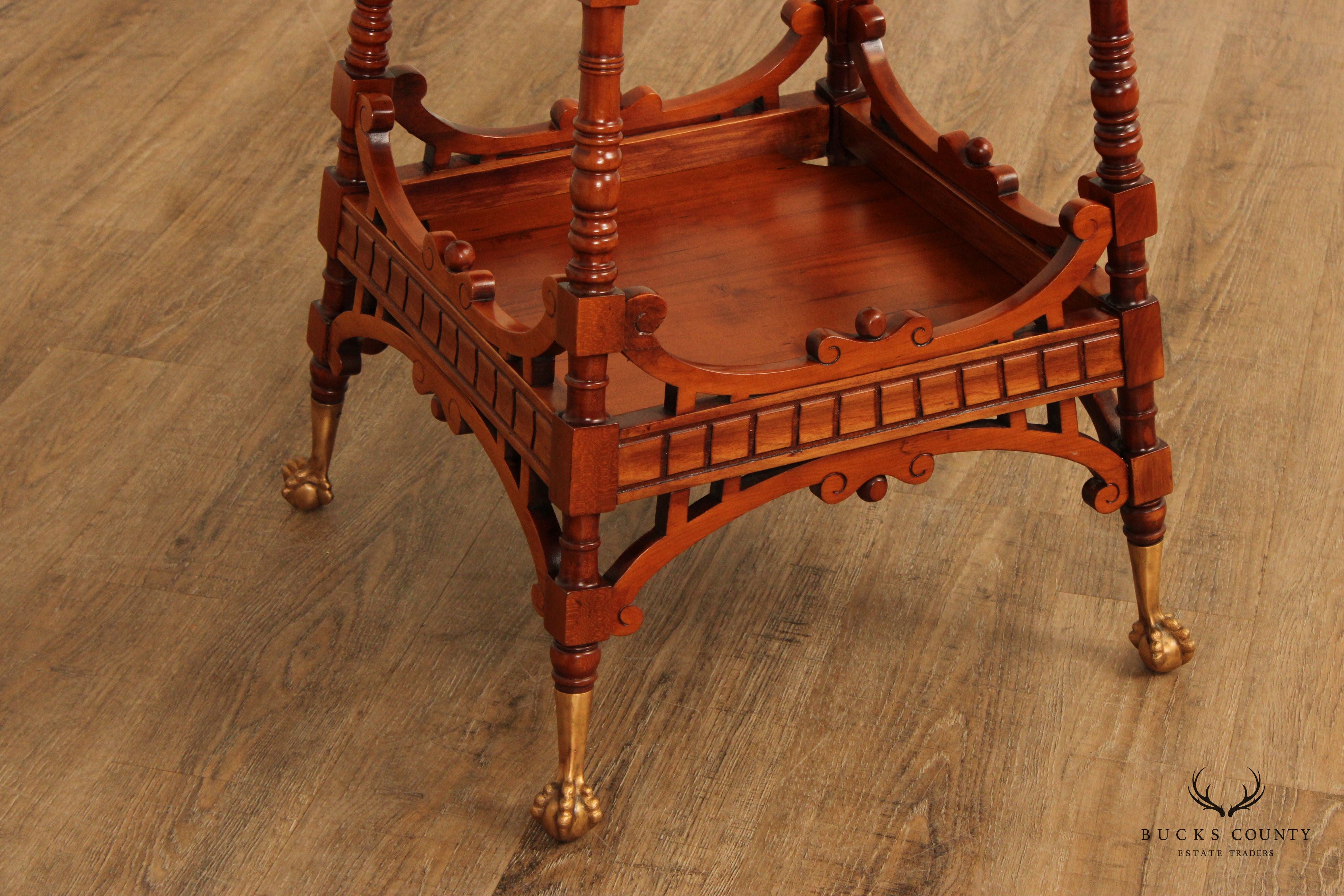 Antique Victorian Carved Cherry Two-Tier Lamp Table