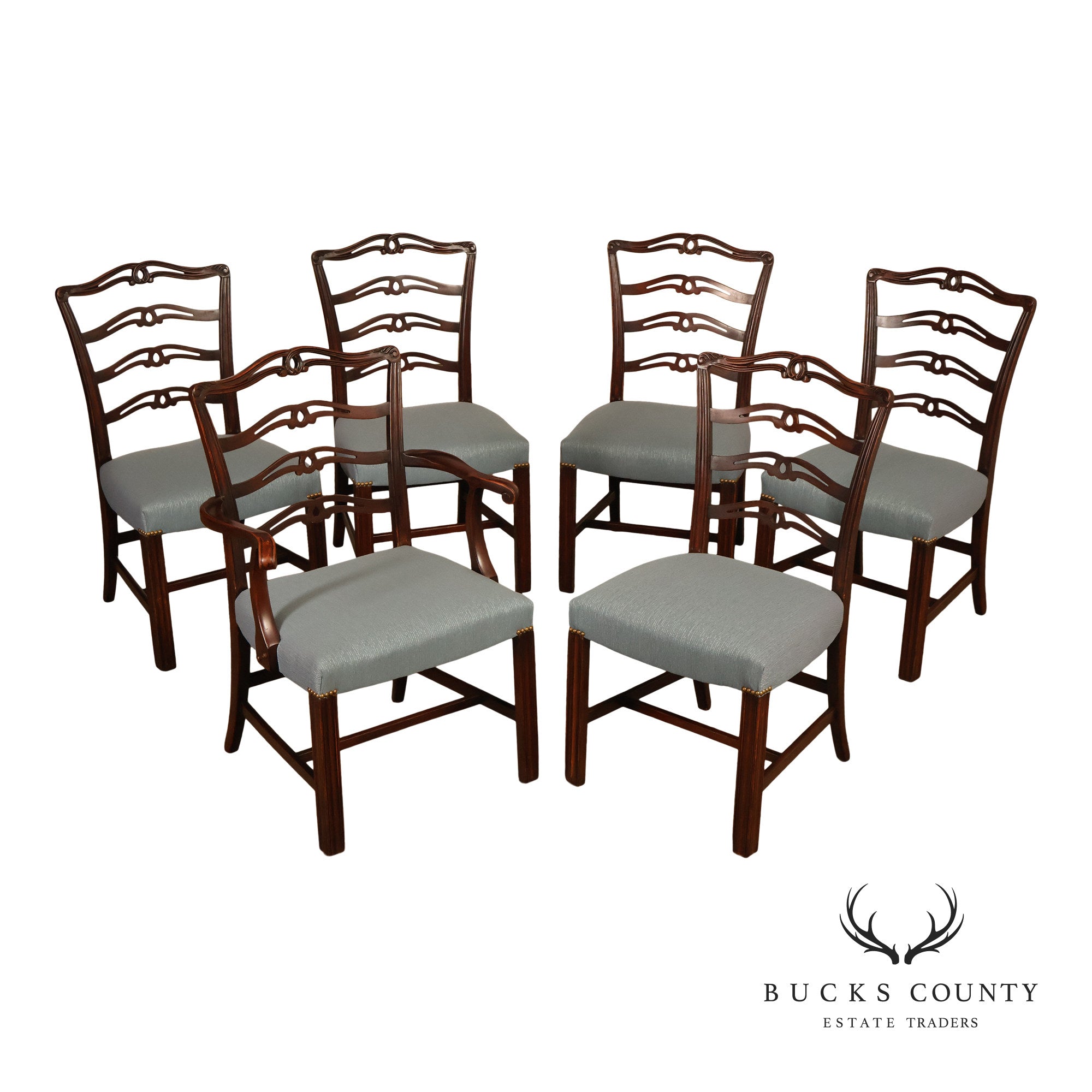 1940's Chippendale Style Set Of Six Mahogany Ladder Back Dining Chairs