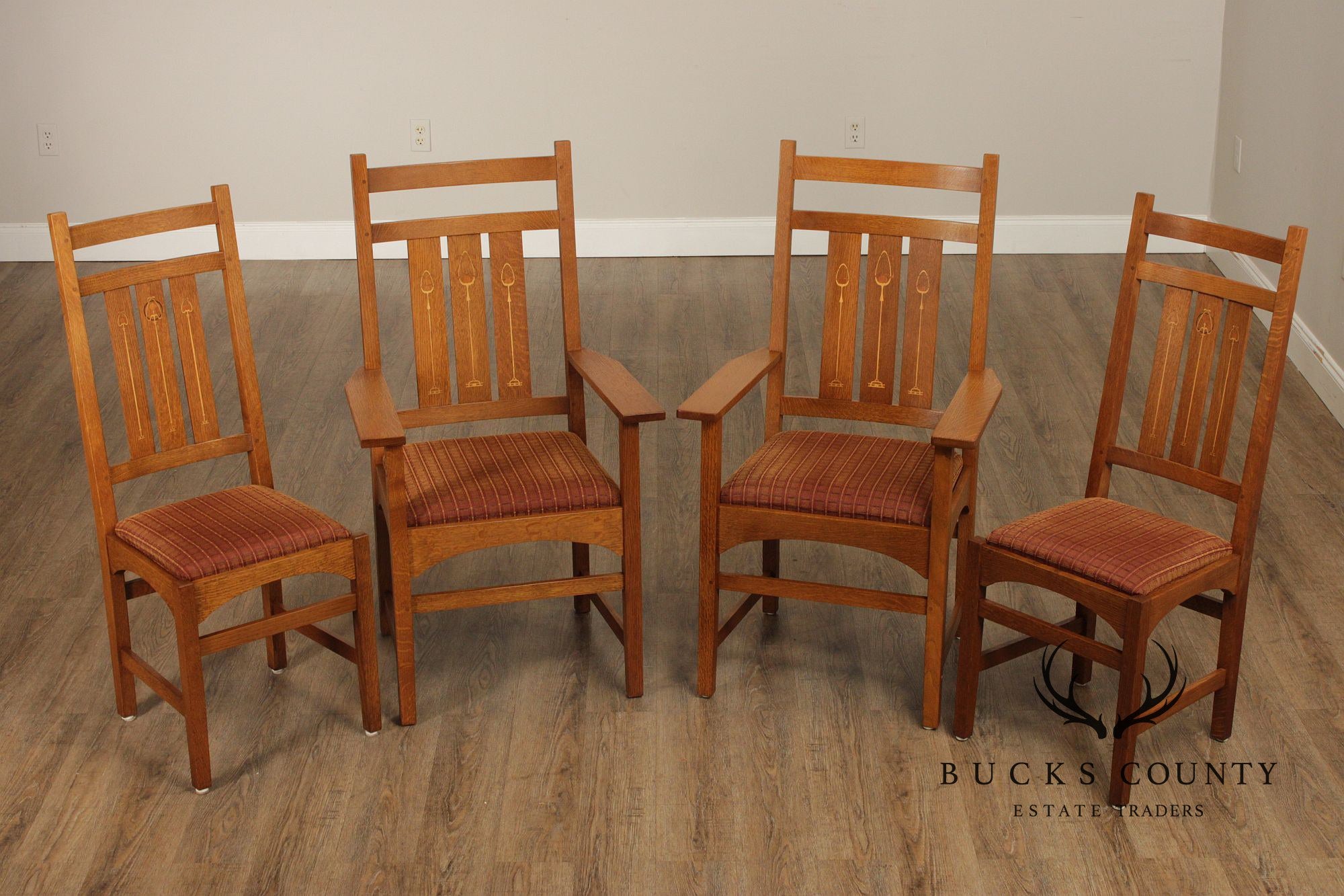 Stickley Mission Collection Set Of Four Harvey Ellis Oak Inlaid Dining Chairs