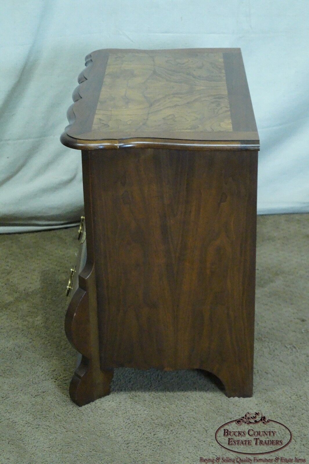 Baker Furniture Small Burl Wood & Walnut Bombe Chest