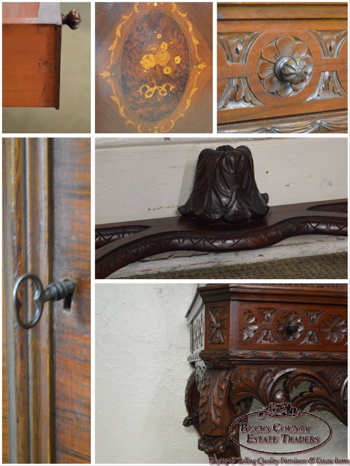 1930s Marquetry Inlaid Georgian Style Carved 2 Door Cabinet