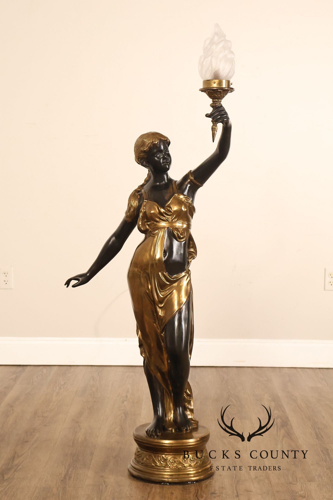 Neoclassical Style Pair Of Bronze Figural Torchere Floor Lamps