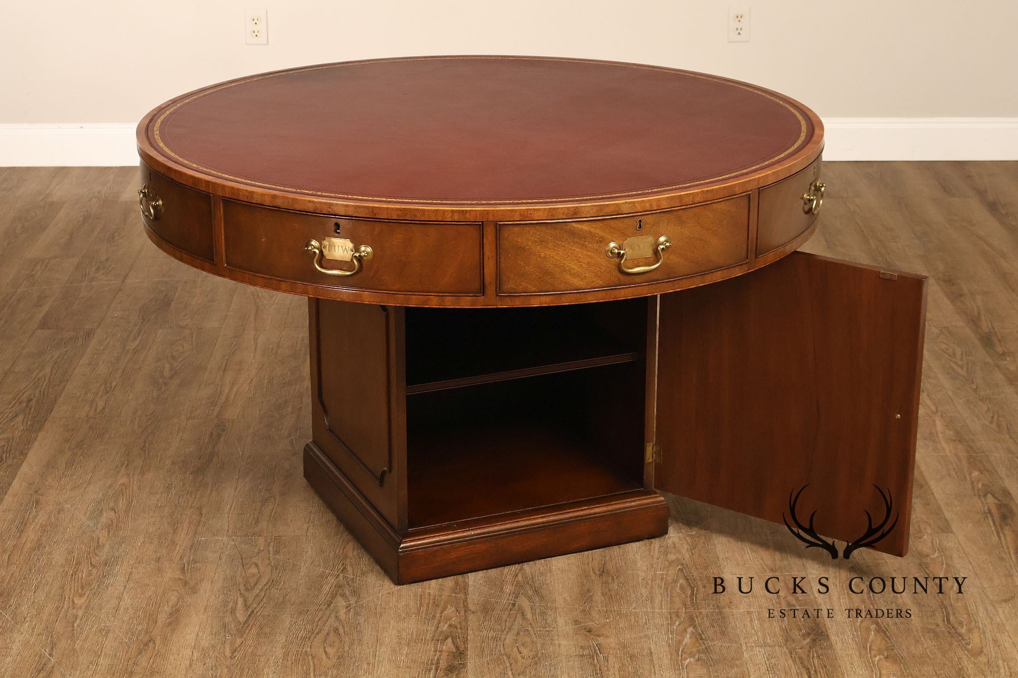 Kittinger Leather Top Round Rent Table With Drawers T295