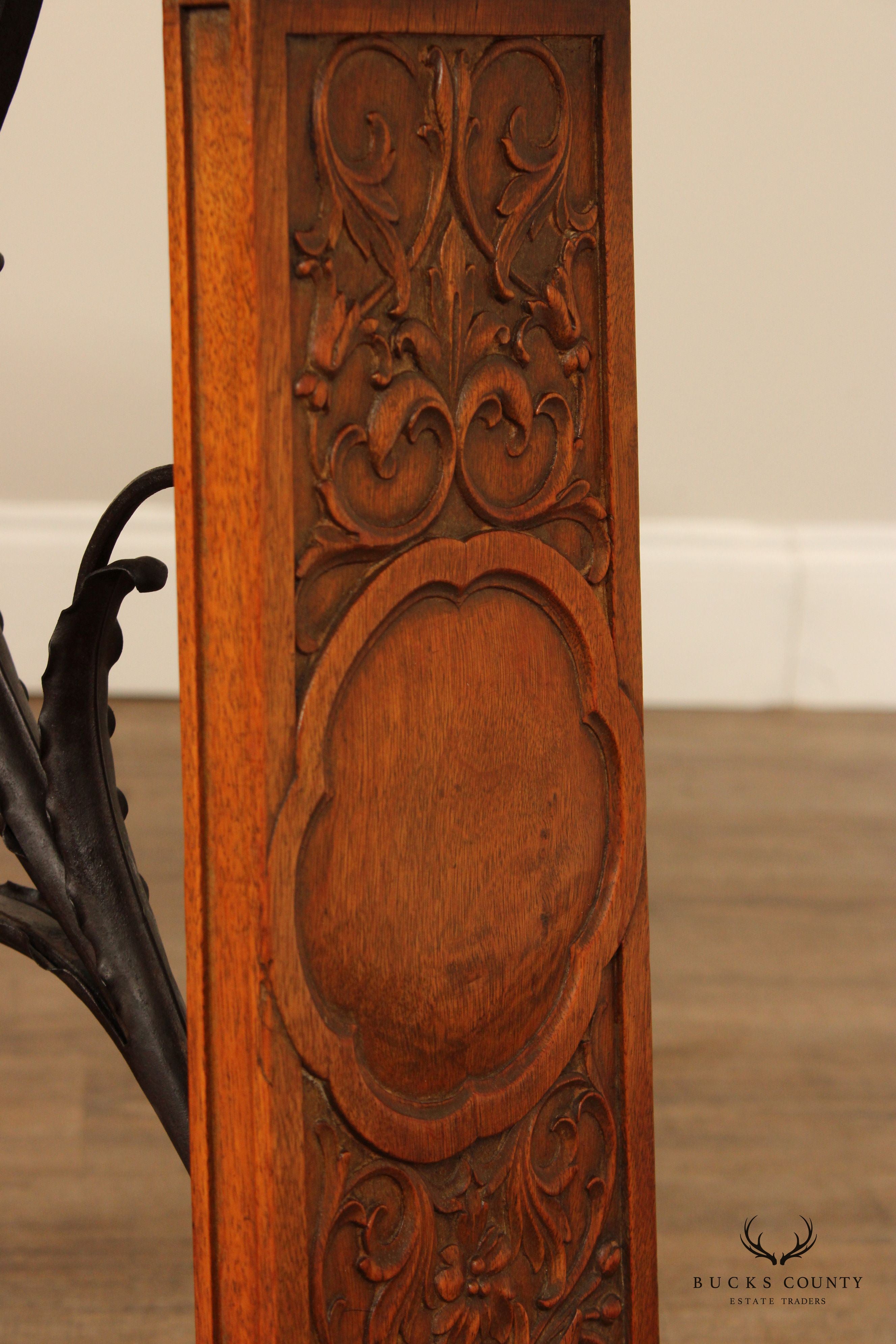 Antique Spanish Revival Carved Oak And Forged Iron Trestle Side Table