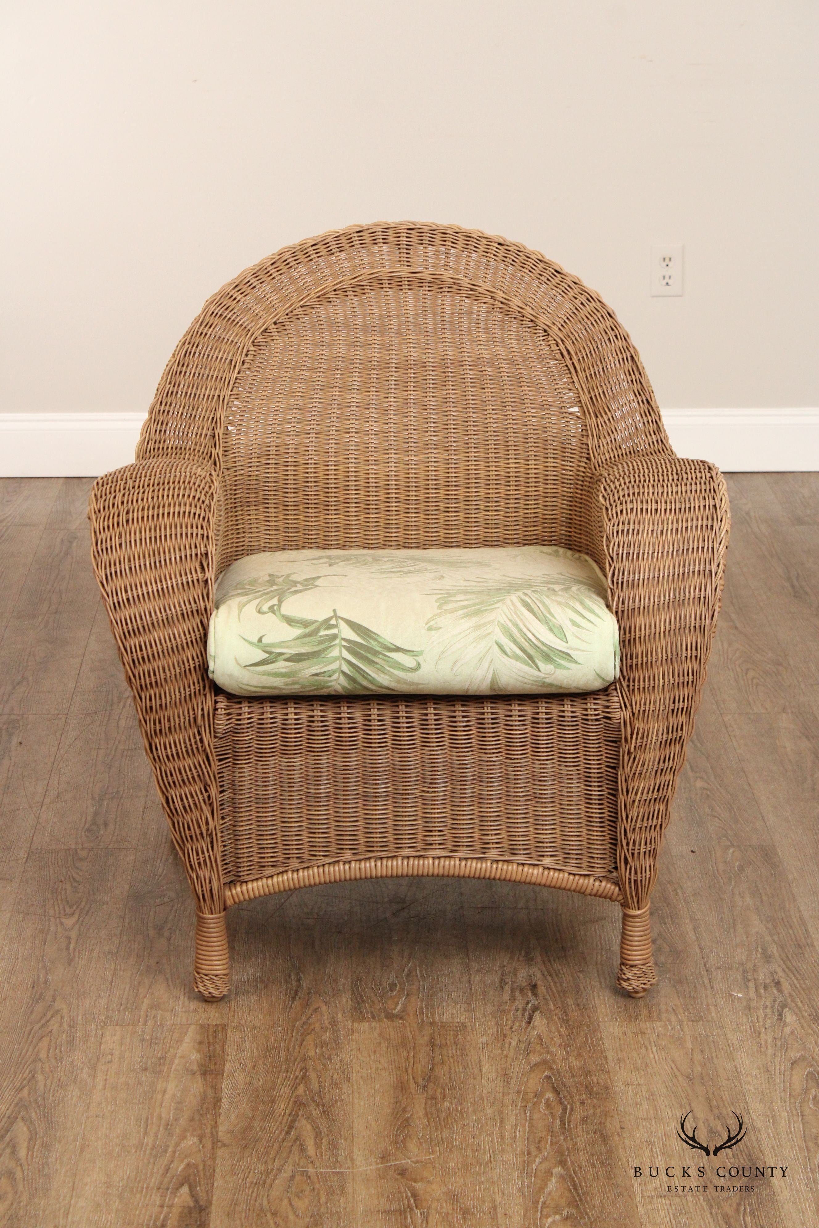 WOVEN WICKER PAIR OF OUTDOOR PATIO LOUNGE CHAIRS