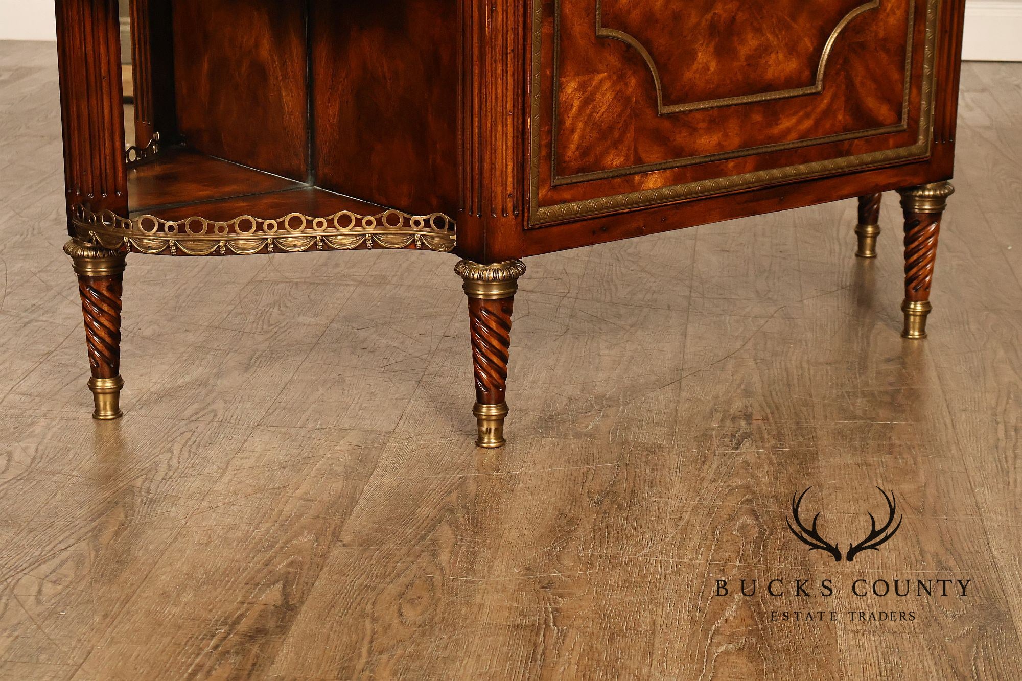 Theodore Alexander French Louis XVI Style Burl Wood Brass Mounted Gallery Top Pair Of Side Cabinets