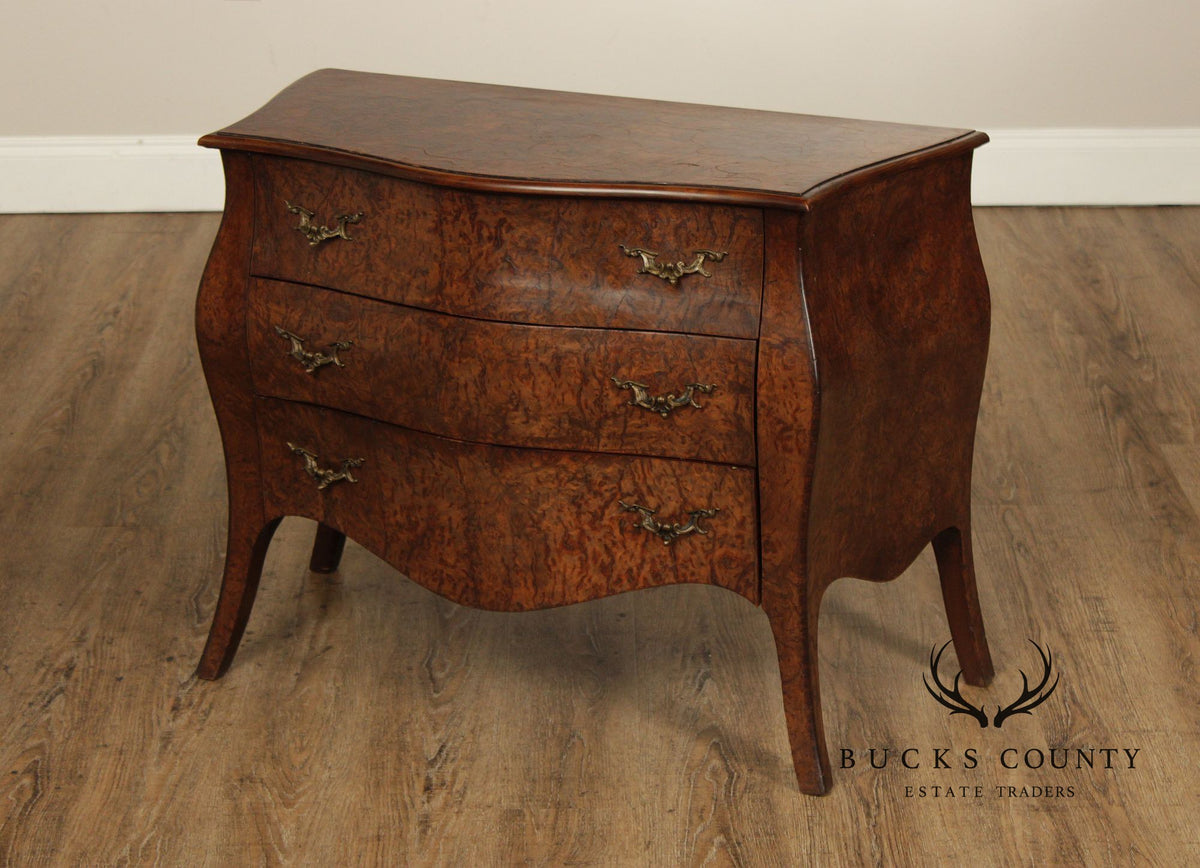 Vintage Louis XV Style Burlwood Bombe Three-Drawer Commode Chest