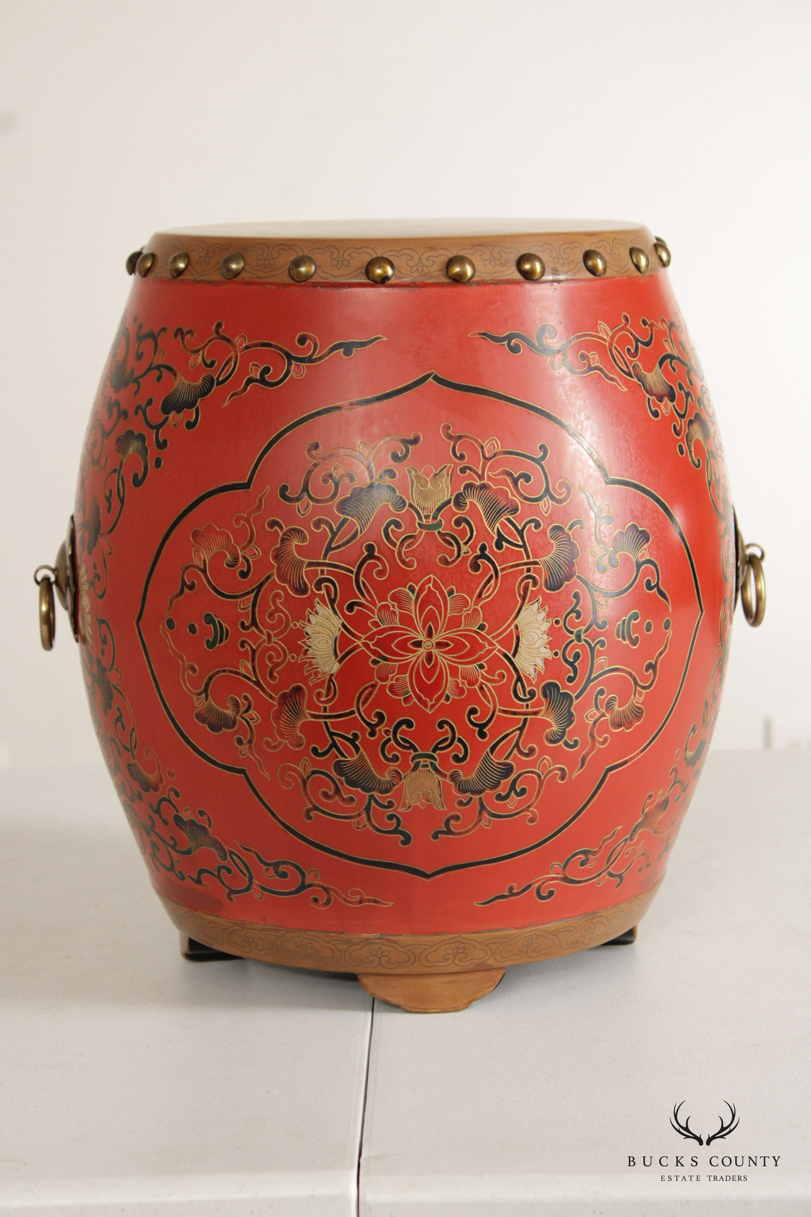 Asian Inspired Pair Hand Painted Wooden Drum Stools