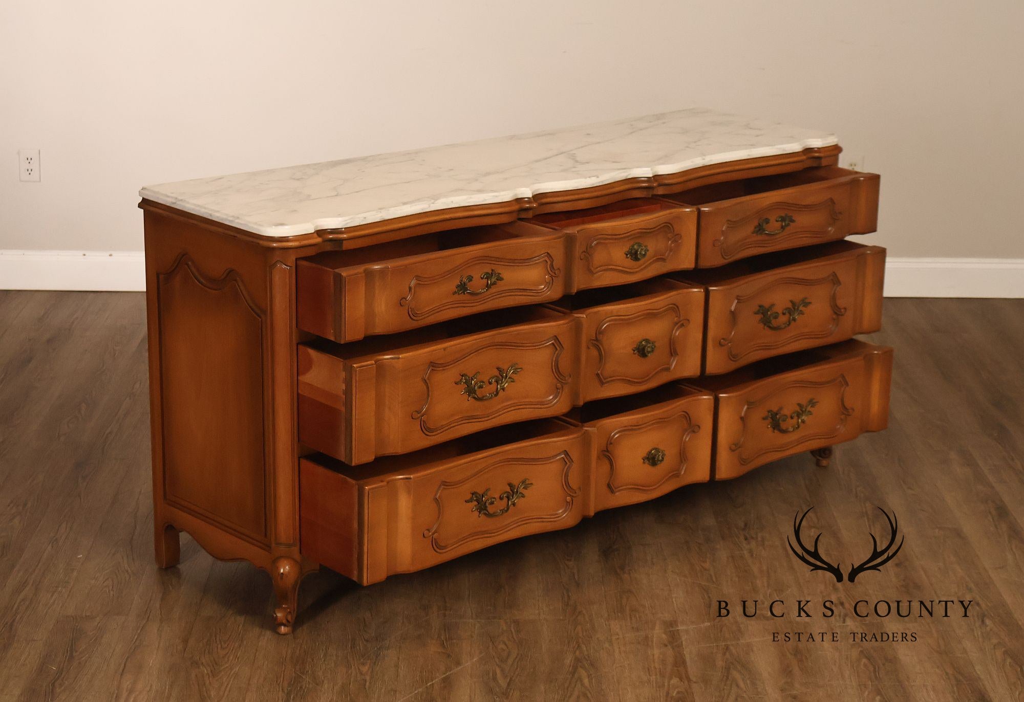French Provincial Style Marble Top Nine Drawer Dresser