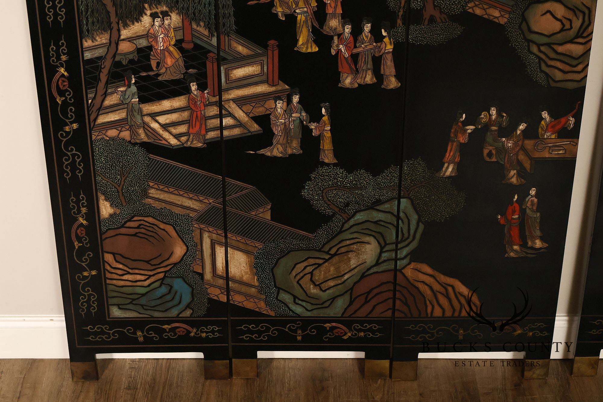 Asian Style Black Vintage Lacquer Six Panel Folding Screen